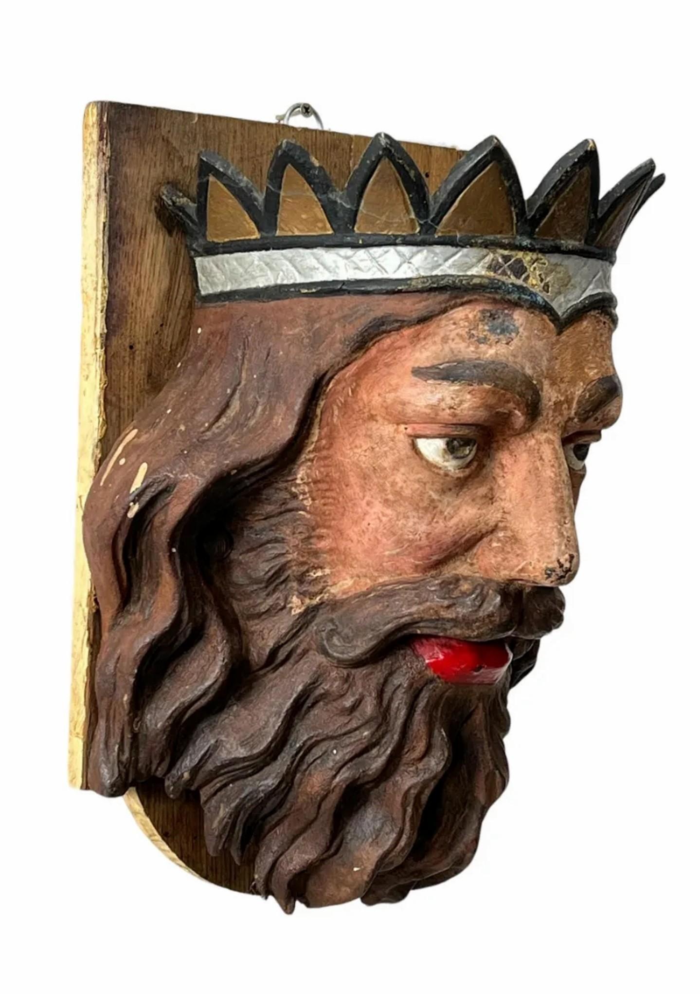 European 19th Century Carousel Ornament Painted Cast Iron King Mask Amusement Folk Art For Sale