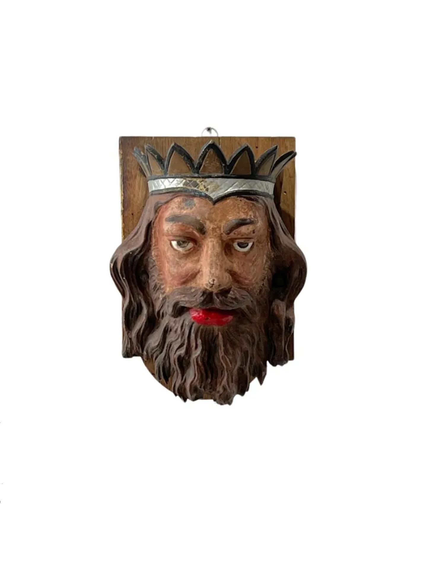 19th Century Carousel Ornament Painted Cast Iron King Mask Amusement Folk Art For Sale 2