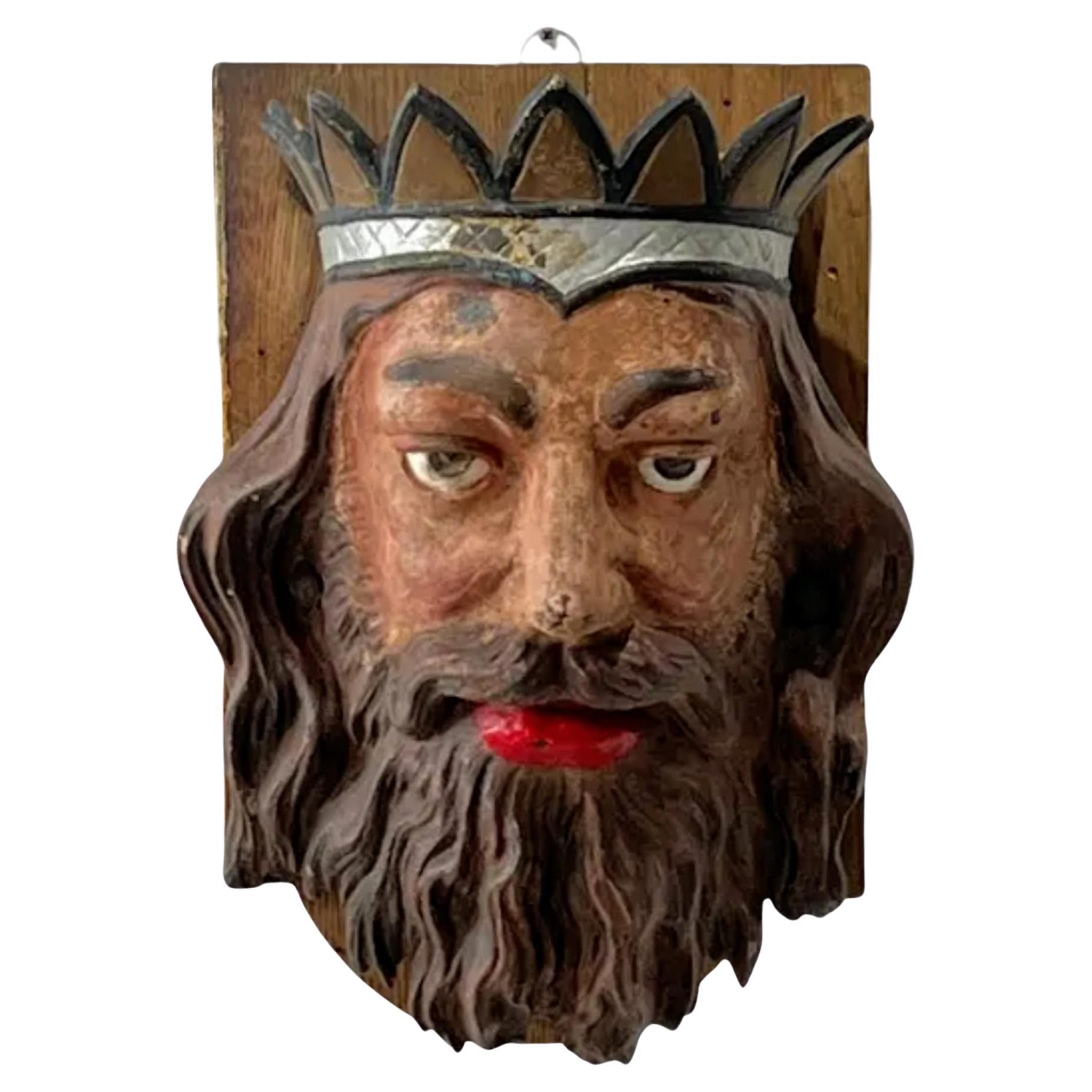19th Century Carousel Ornament Painted Cast Iron King Mask Amusement Folk Art For Sale
