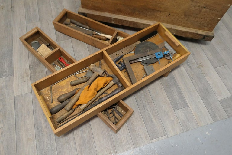 19th Century Carpenters Pine Tool Chest and Tools For Sale at 1stDibs