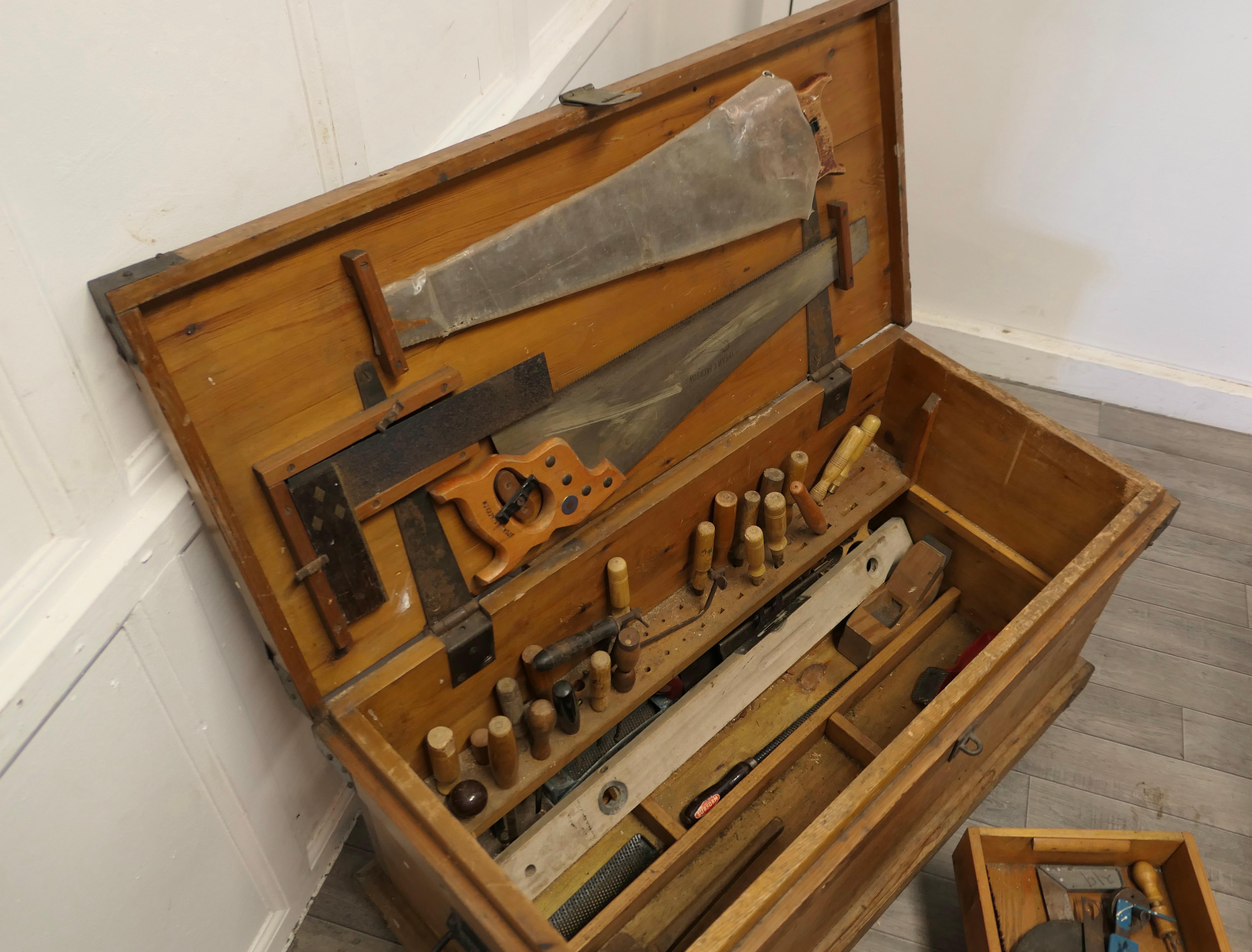  19th Century Carpenters Pine Tool Chest and Tools  The chest is in pine   For Sale 1
