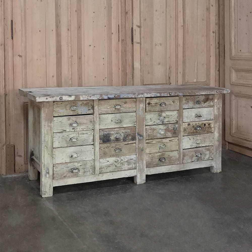 19th century large carpenter's workbench with drawers makes a great conversation piece that actually has a functional side! Imagine all the great projects that have been conceived and executed on this table in the past century! Abundant parts