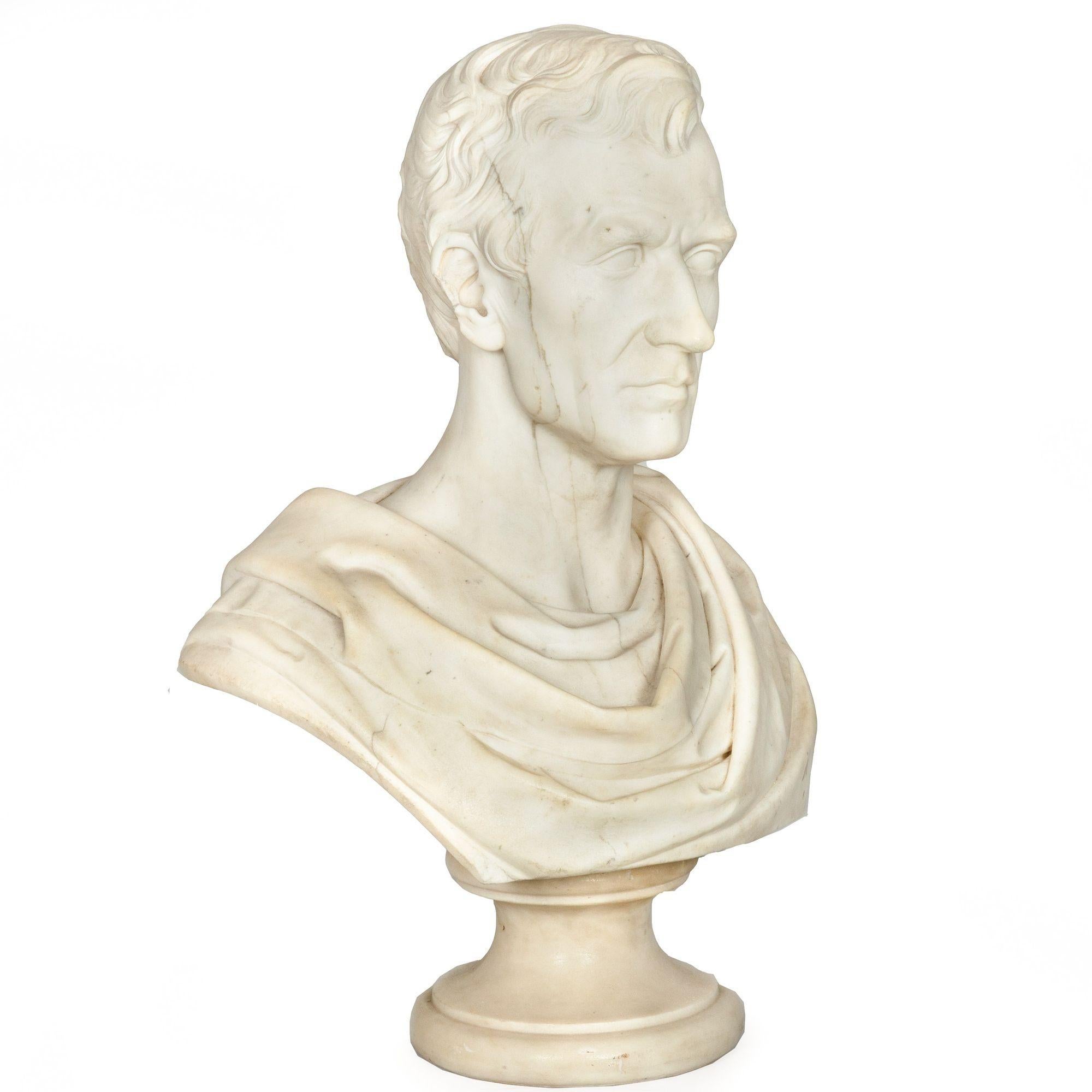 A CARVED MARBLE BUST OF A CLASSICAL STATESMAN

Carrara marble on separately turned socle  unsigned  Circa mid-to-late 19th century

Item # 307FDI13Q 

An incredibly powerful bust of a yet unidentified Classical Statesman executed with exacting