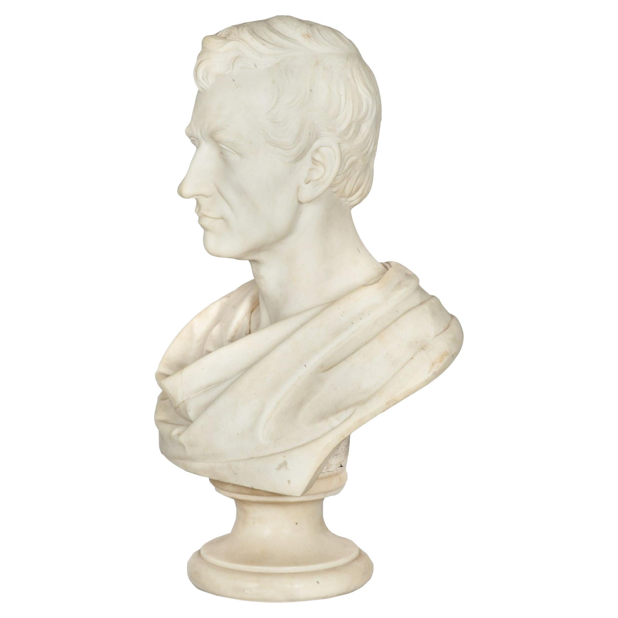 19th Century Carrara Marble Bust Sculpture of Classical Statesman For Sale