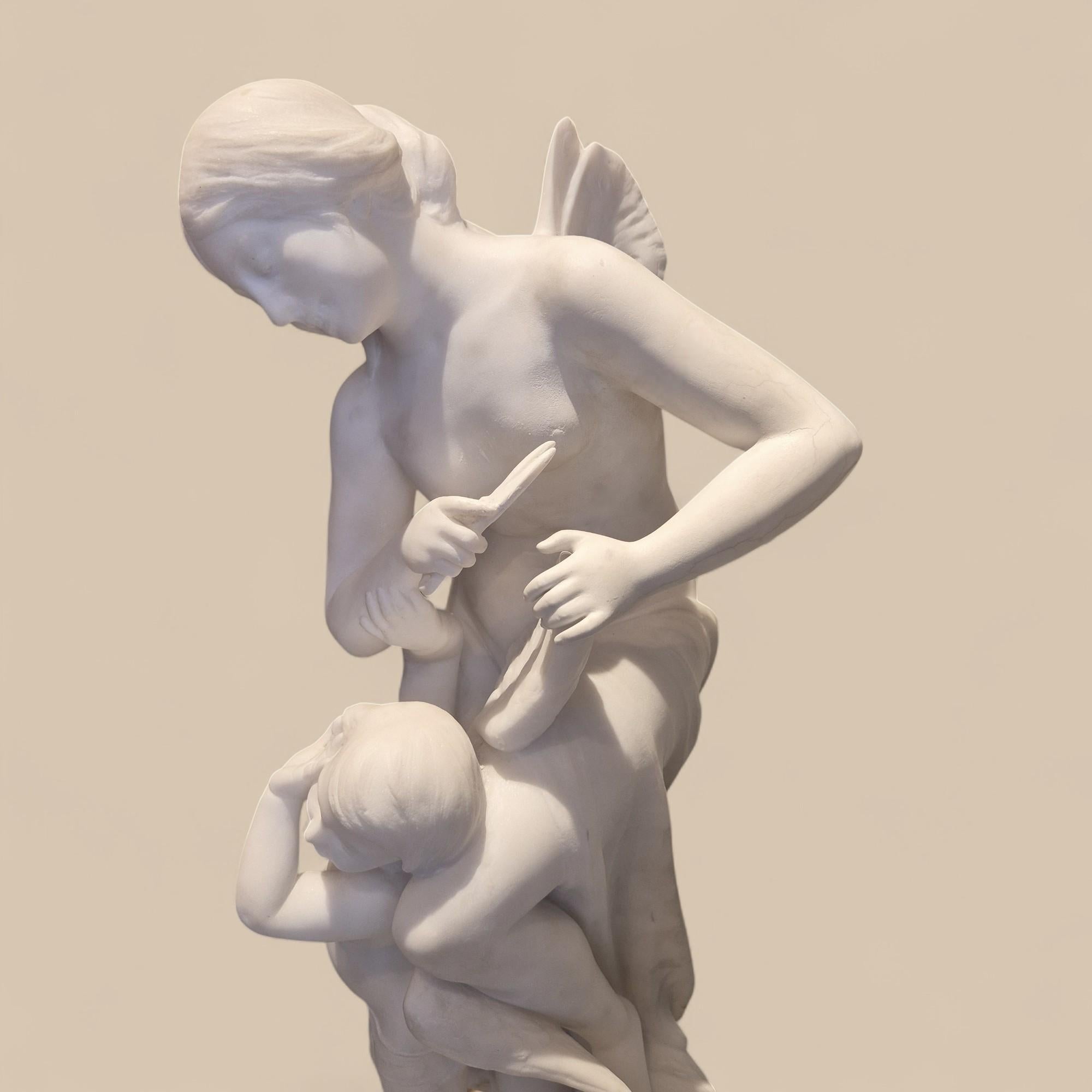 Scultura in marmo di Carrara del XIX secolo raffigurante Psiche e Cupido, firmata Pugi in vendita 5