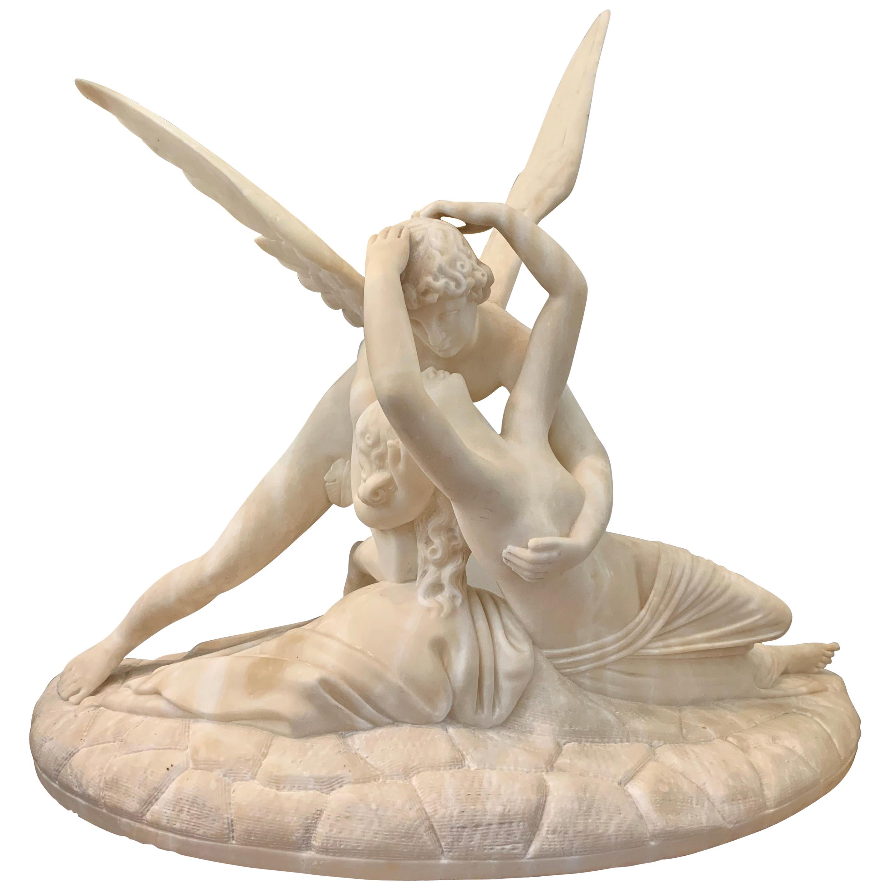 19th Century Carved Alabaster Sculpture of Cupid and Psyche