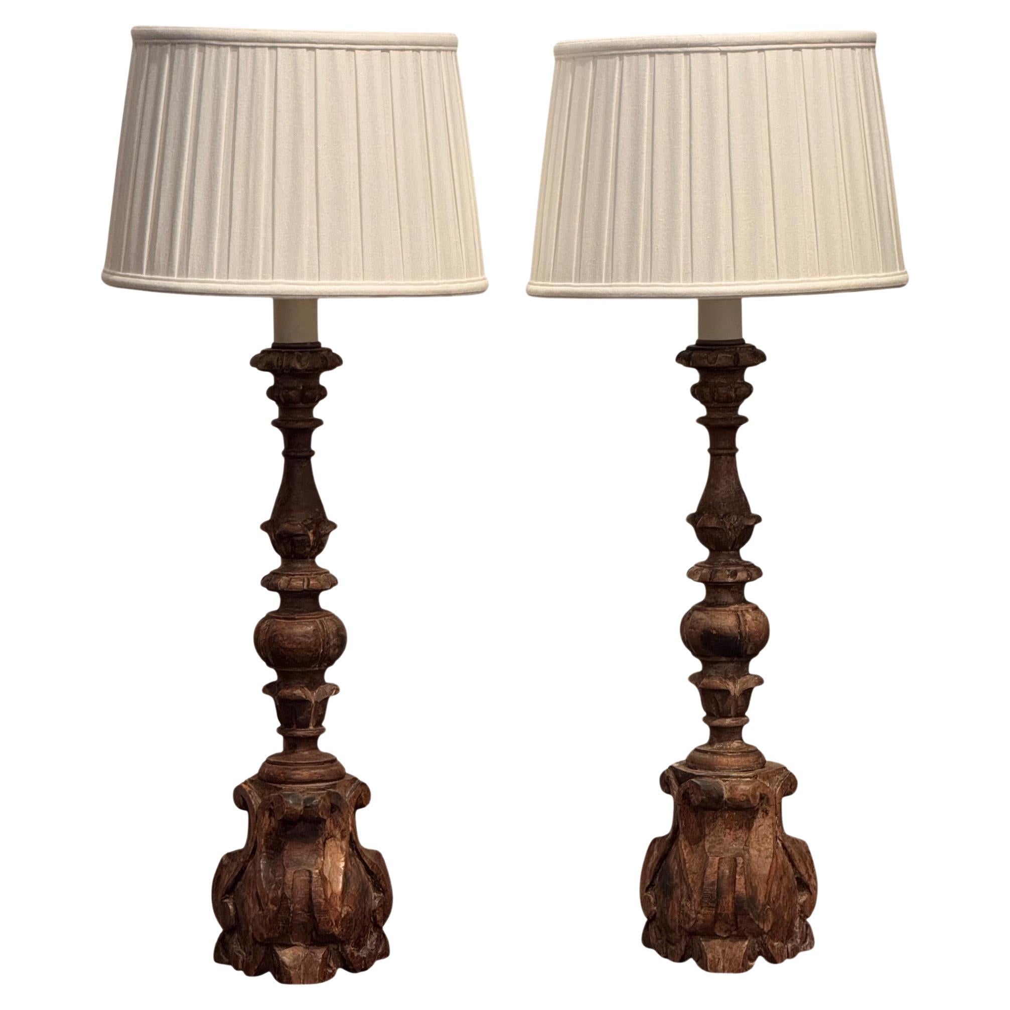 19th Century Carved Altar Stick Table Lamps