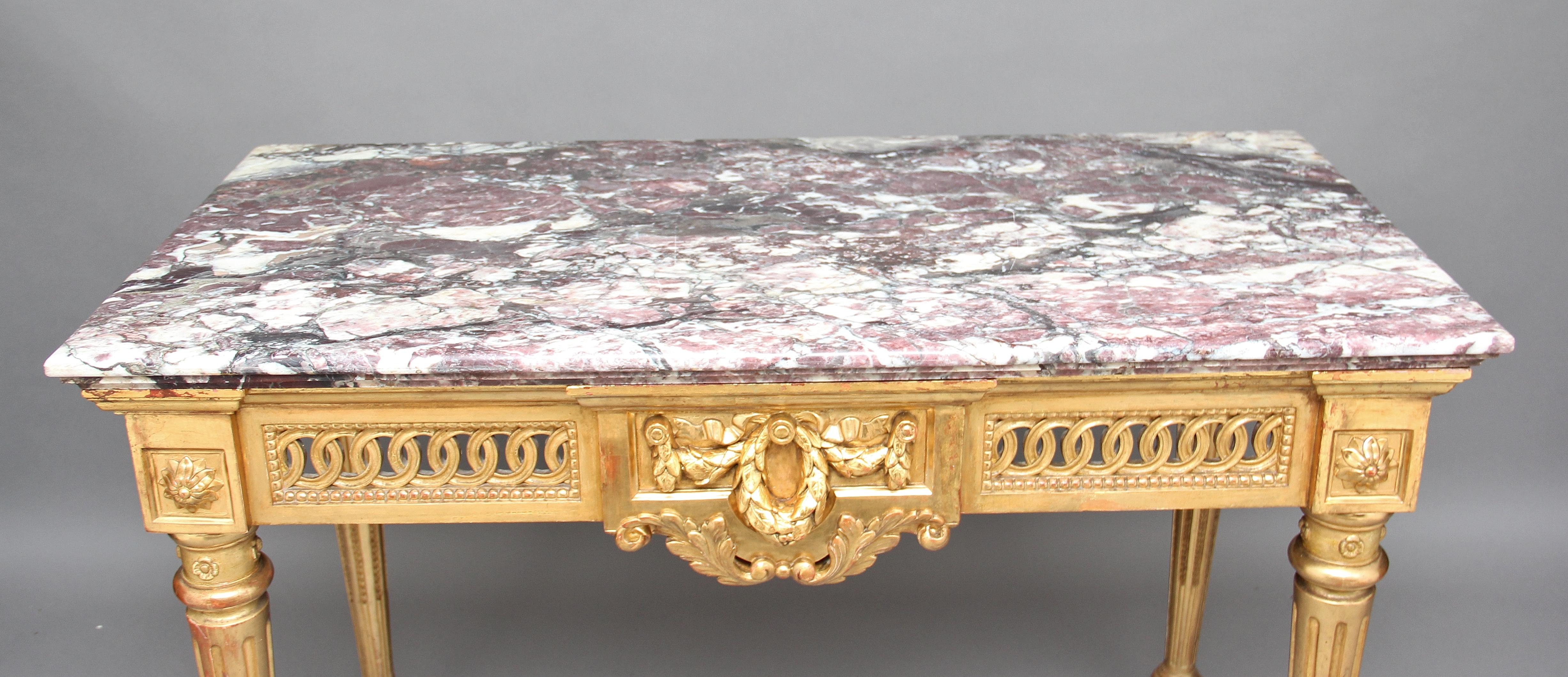 Giltwood 19th Century Carved and Gilt Marble Top Console Table