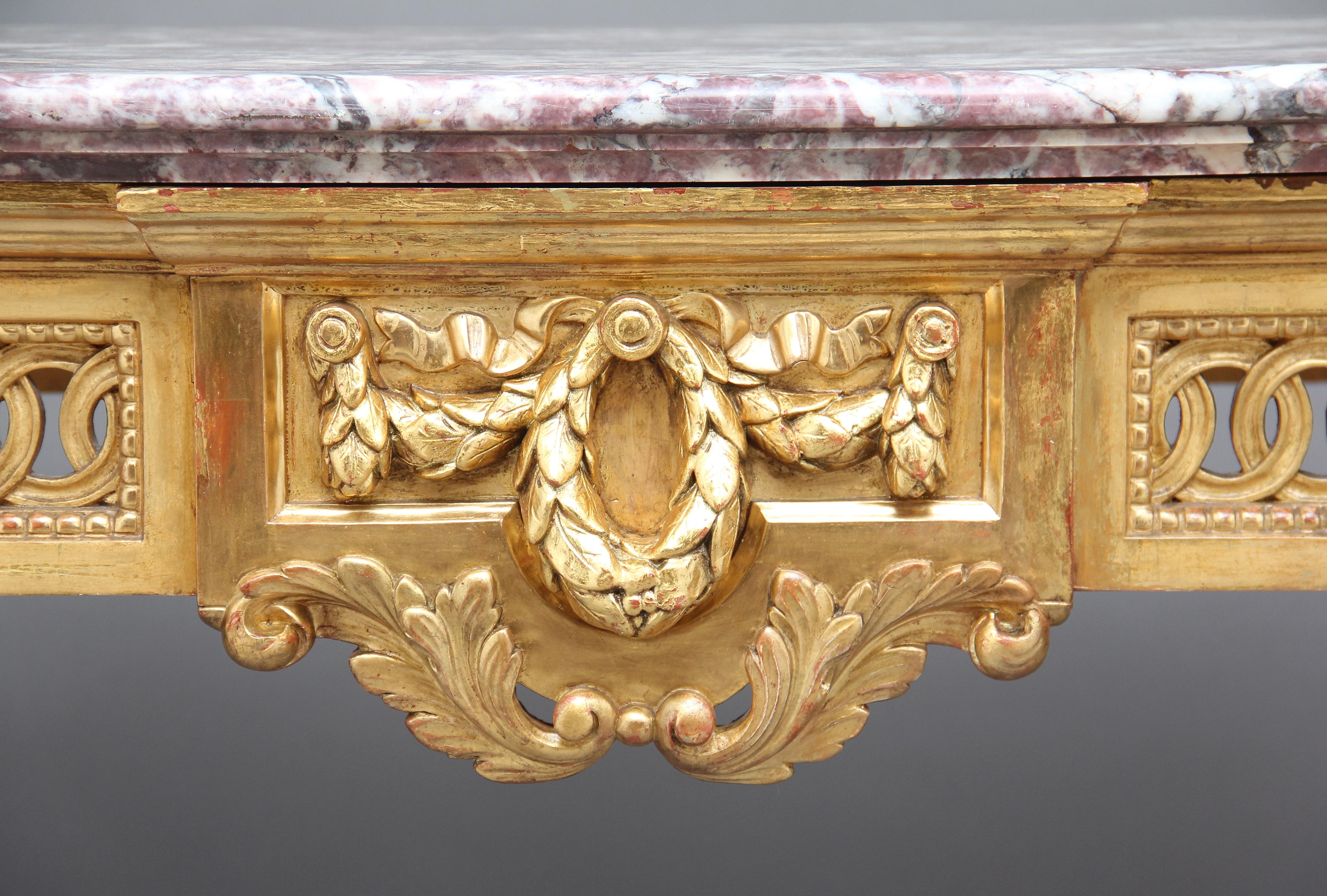 19th Century Carved and Gilt Marble Top Console Table 2
