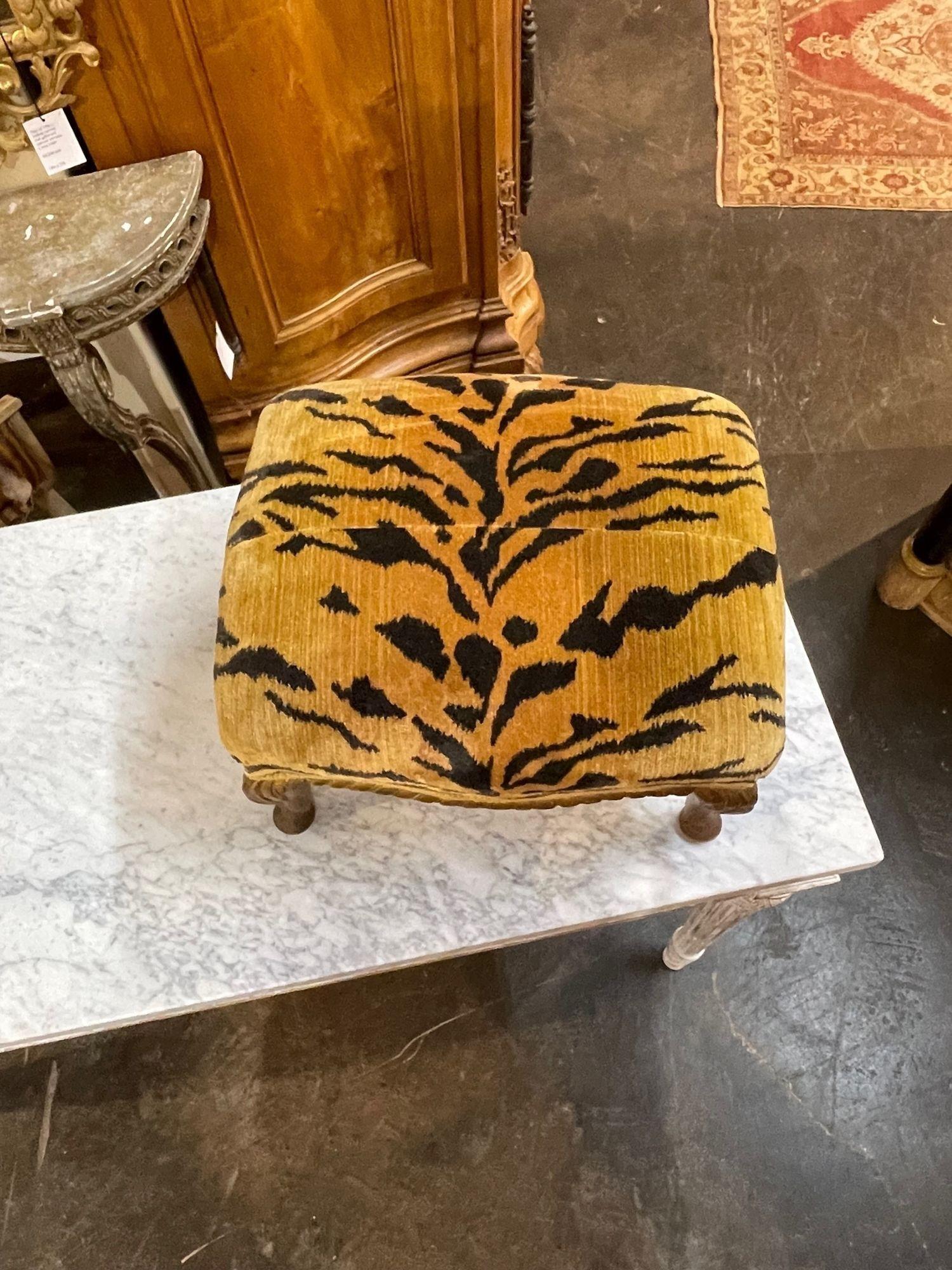 Italian 19th Century Carved and Gilt Wood Stool with Scalamandre Tiger Upholstery