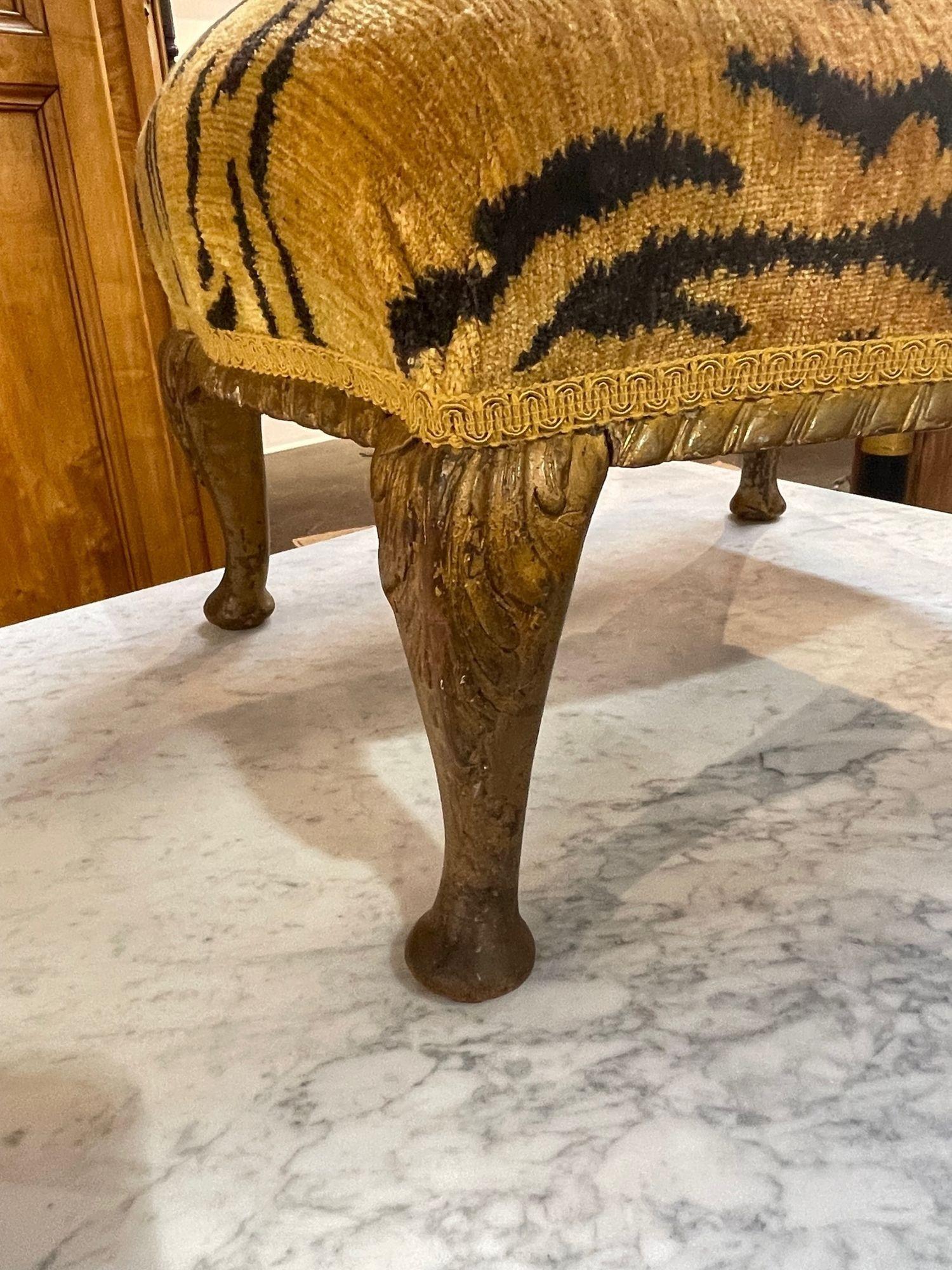 19th Century Carved and Gilt Wood Stool with Scalamandre Tiger Upholstery In Good Condition In Dallas, TX