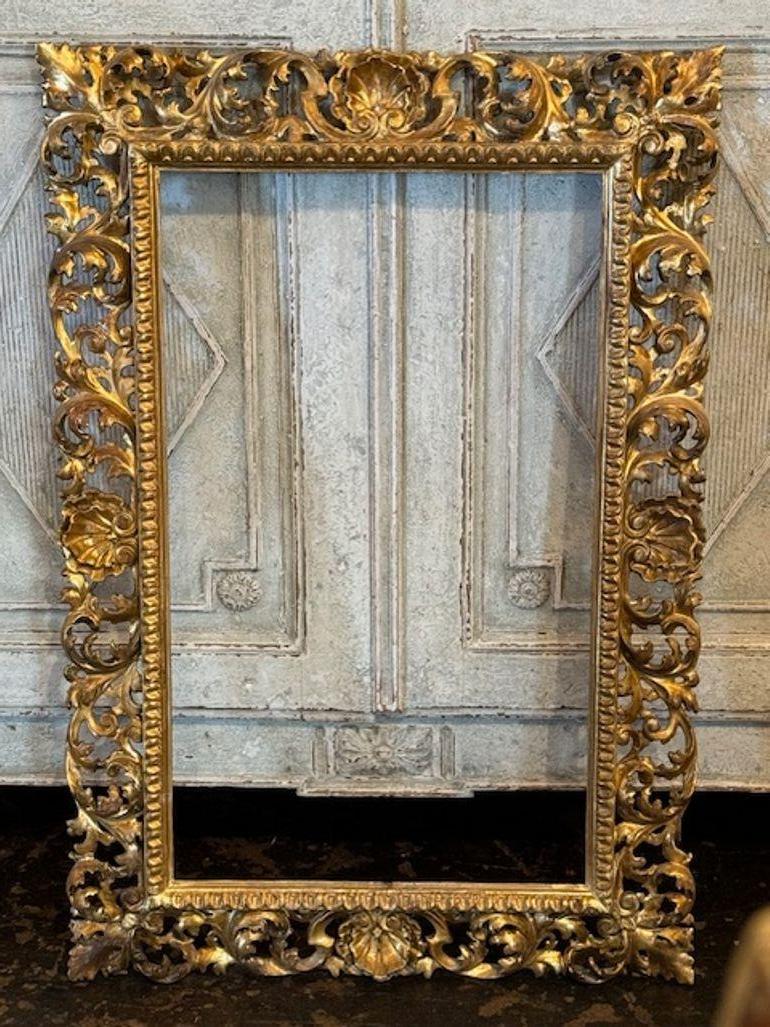 Beautiful 19th century Italian giltwood Florentine style frame. Exceptional ornate carvings. Lovely!! Circa 1860.
23 x 34