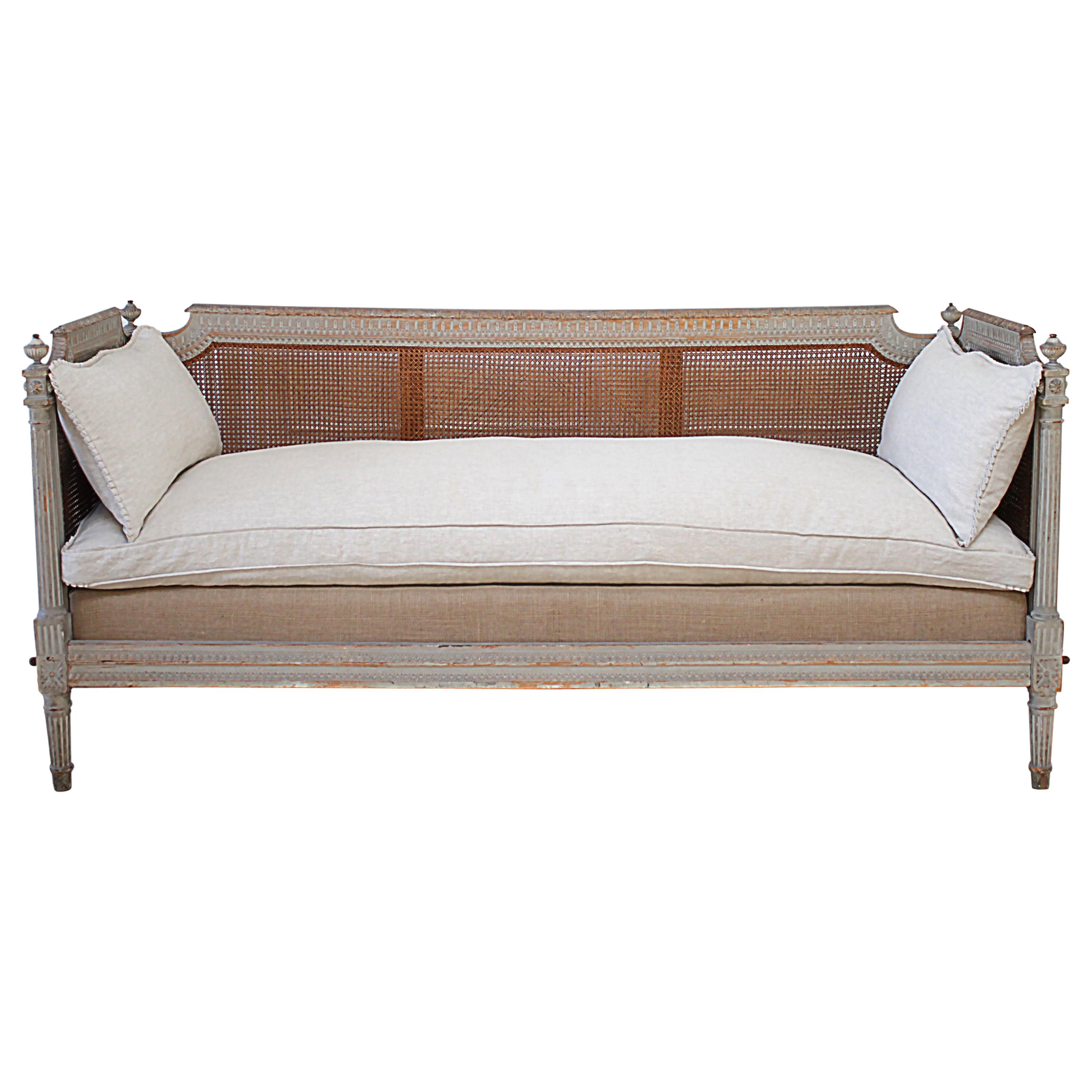 19th Century Carved and Original Painted Louis XVI Style Cane Daybed