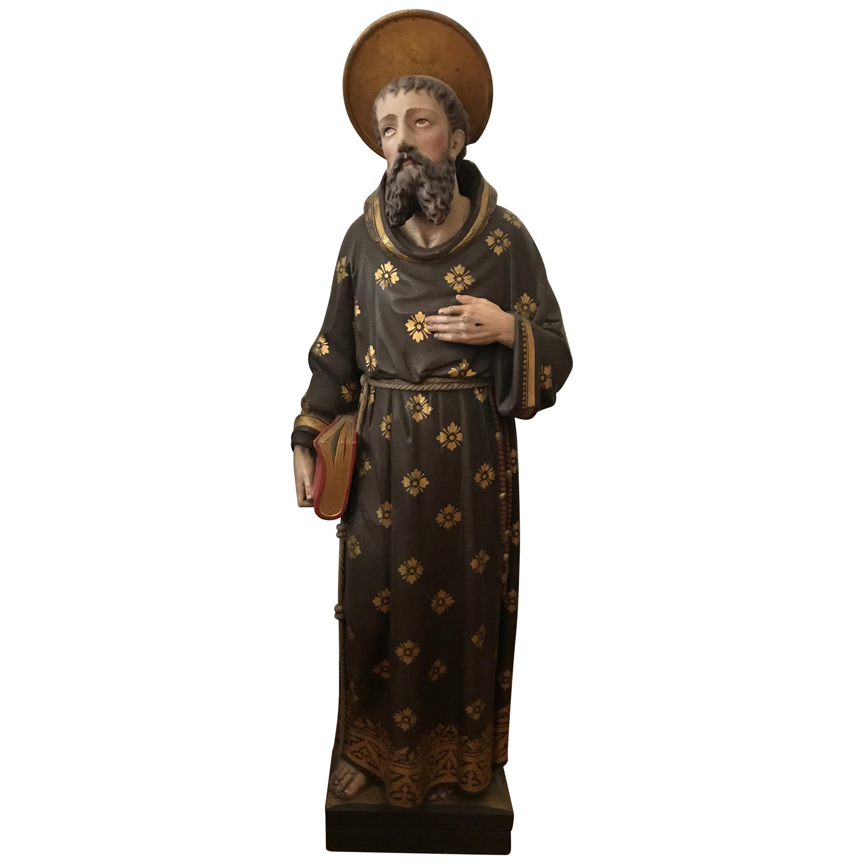 19th Century Carved and Painted Belgian Wood Statue of Saint Peter For Sale