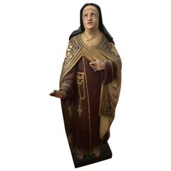 19th Century Carved and Painted Belgian Wood Statue of Saint Teresa