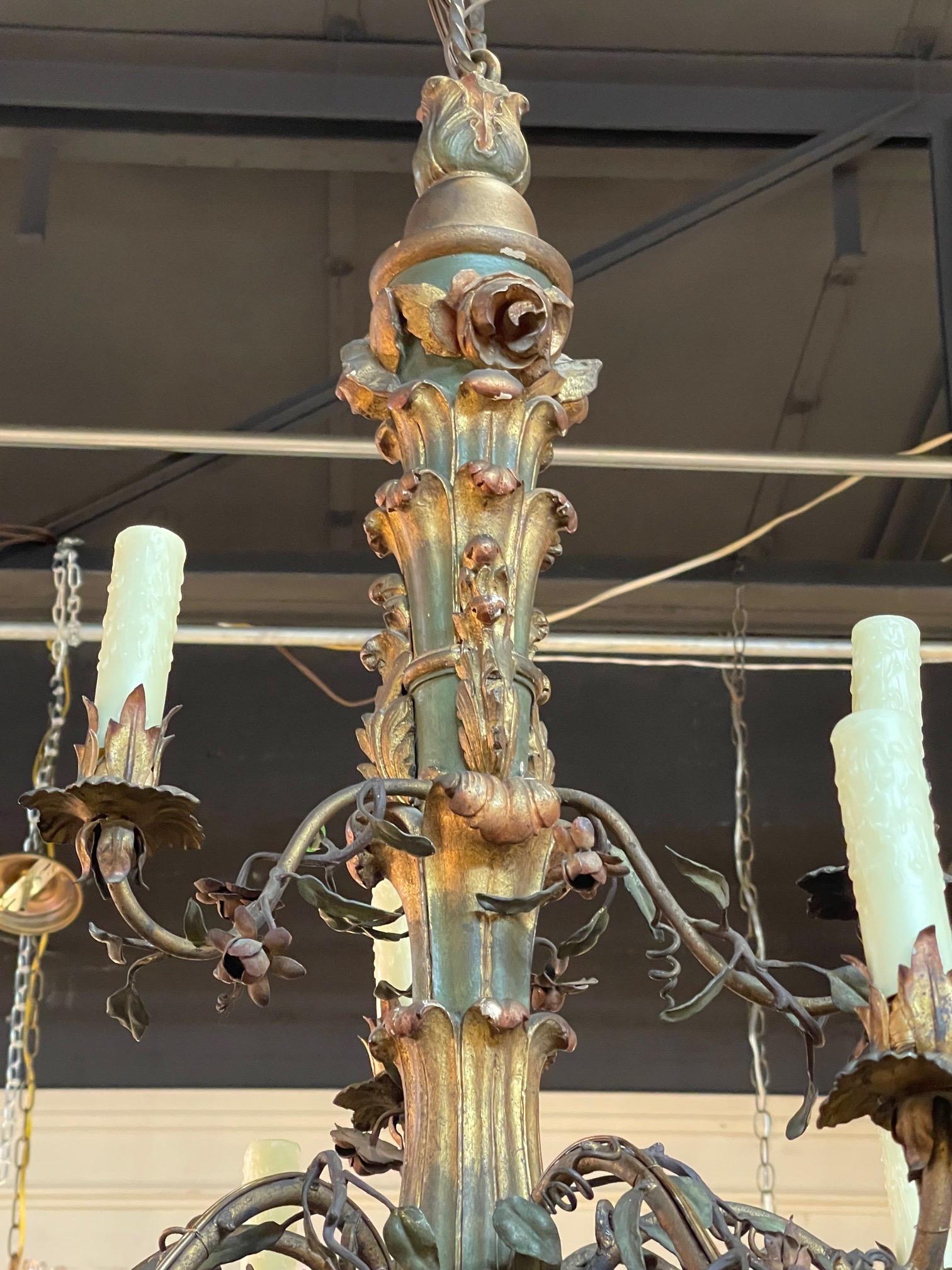 Metal 19th Century Carved and Painted Italian 9 Light Chandelier