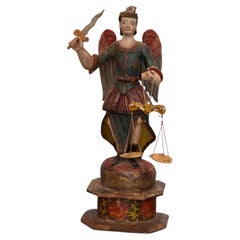 Antique 19th Century Carved and Painted Santo Figure With Sword and Scales