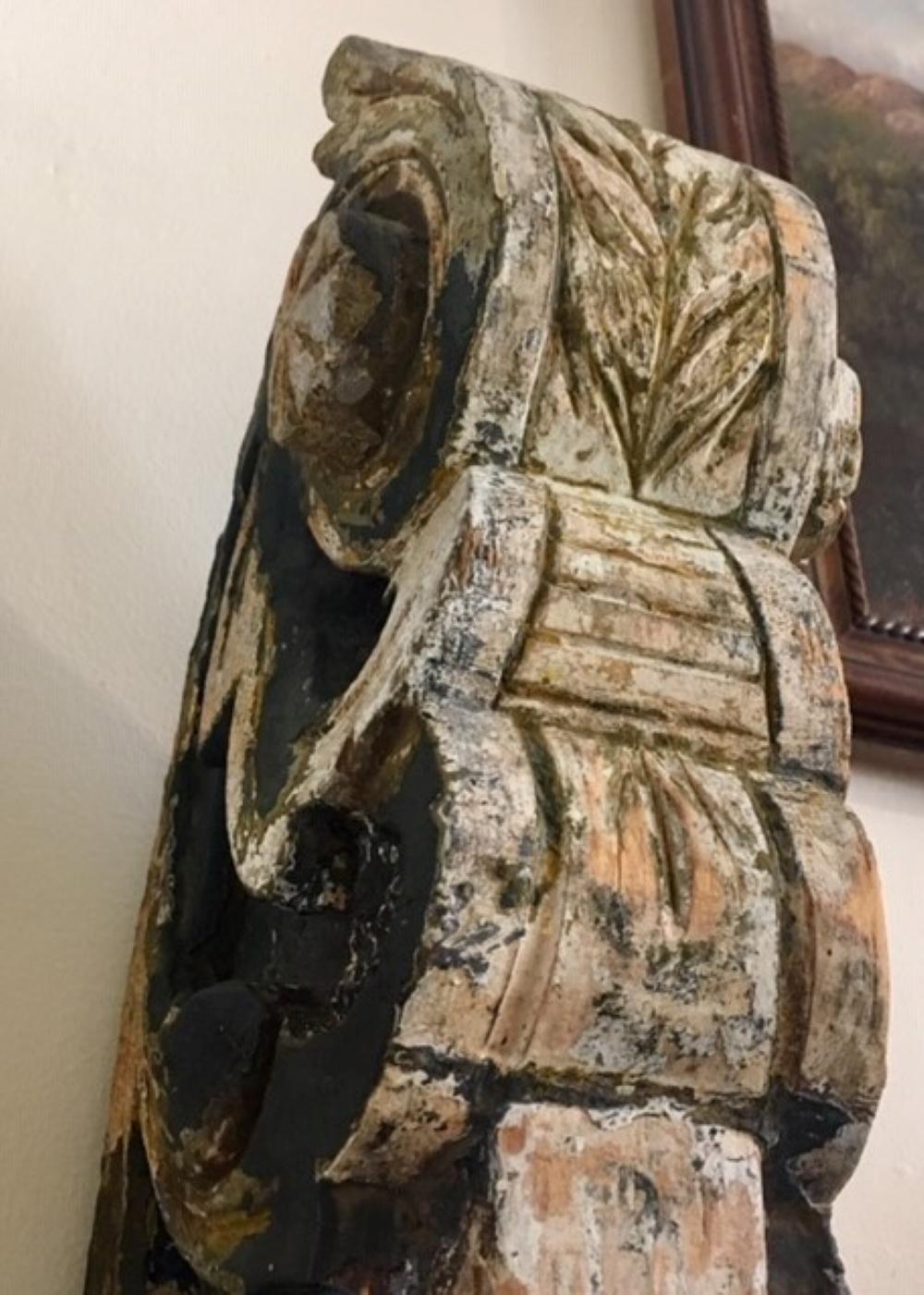 19th century carved and painted ship's billet head from the Schooner Ann Edmonds. Beautifully carved acanthus leaf scrolls, in old working paint with much of the original paint intact. In very good condition for its age and use. Retaining an old