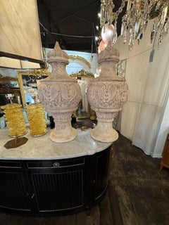 19th Century Carved and White-Washed Wooden Urns
