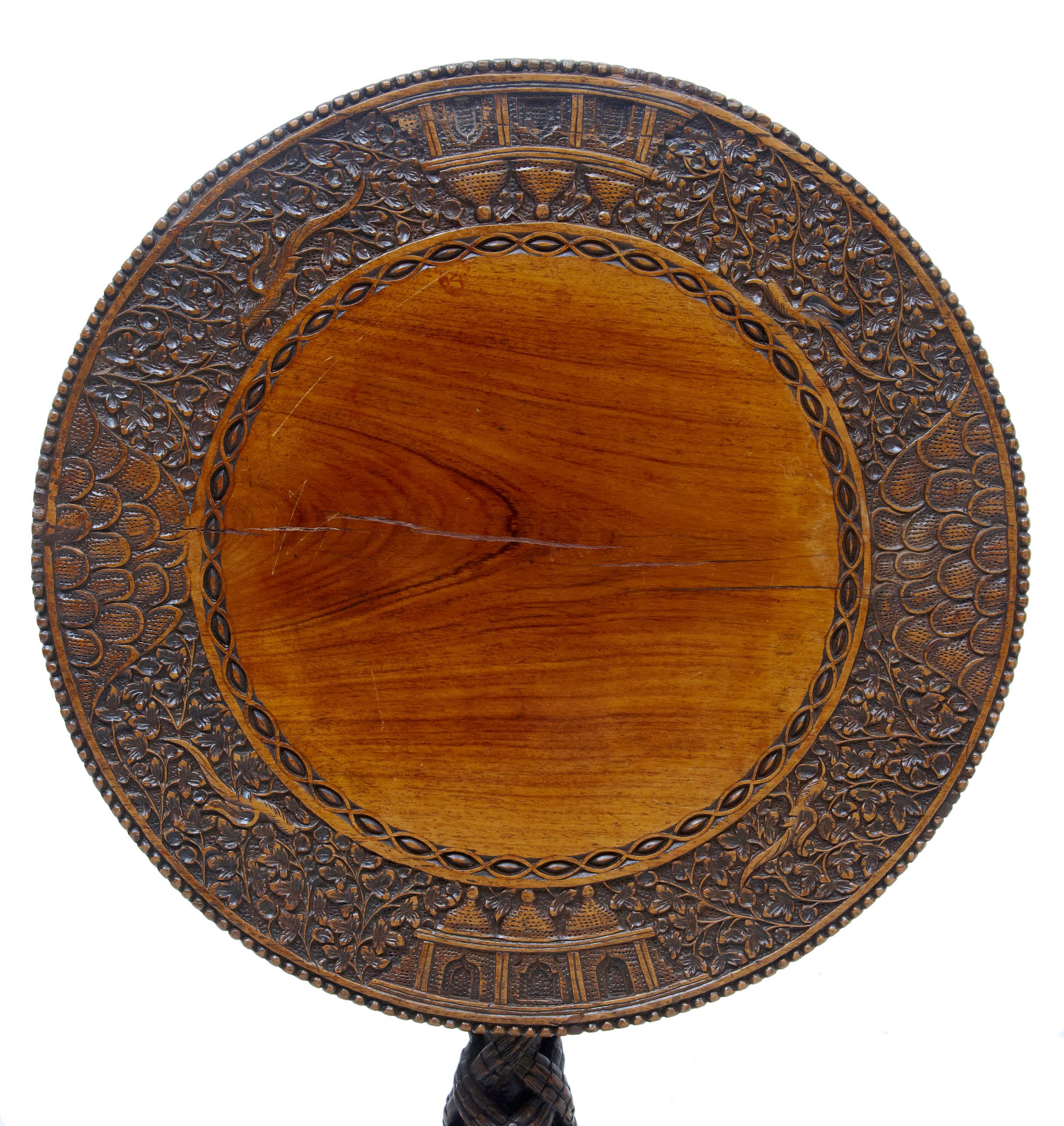 19th Century Carved Anglo-Indian Padouk Tilt Top Table 1