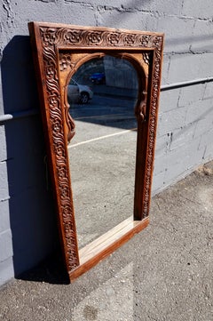 19th Century Carved Arch Teak Indian Window Frame Mirror