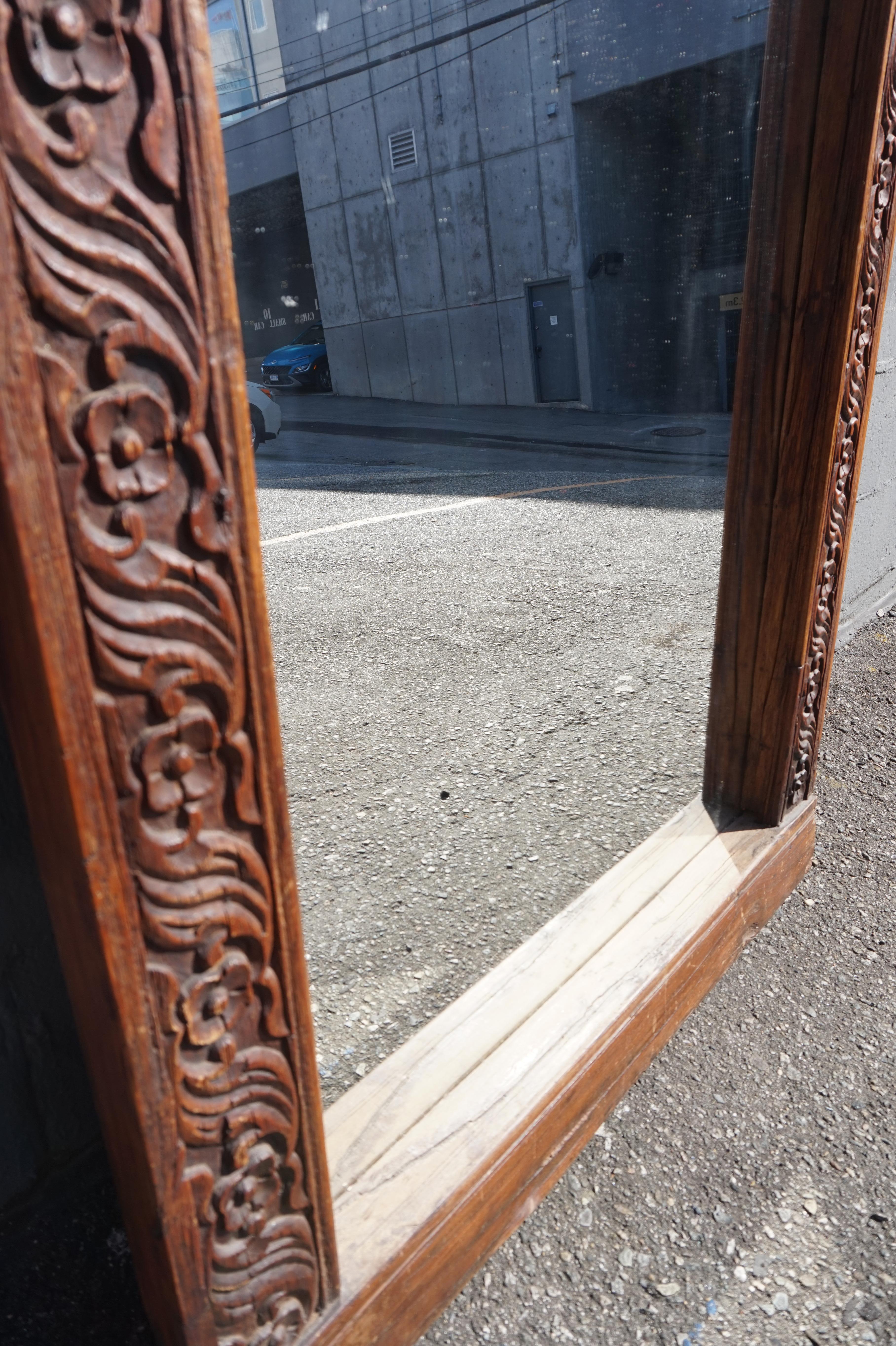 Late 19th Century 19th Century Carved Arch Teak Indian Window Frame Mirror  For Sale