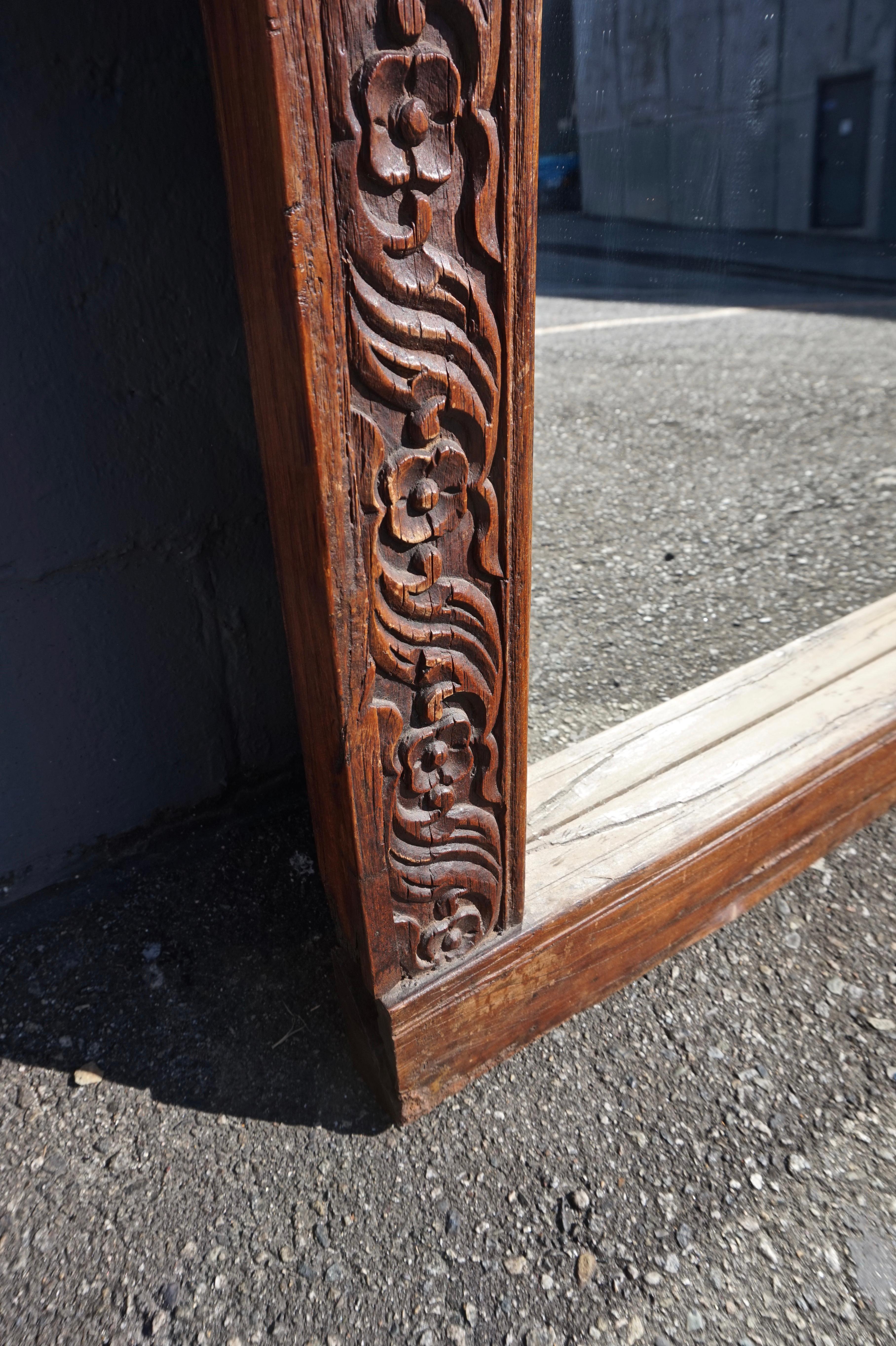 19th Century Carved Arch Teak Indian Window Frame Mirror  For Sale 1