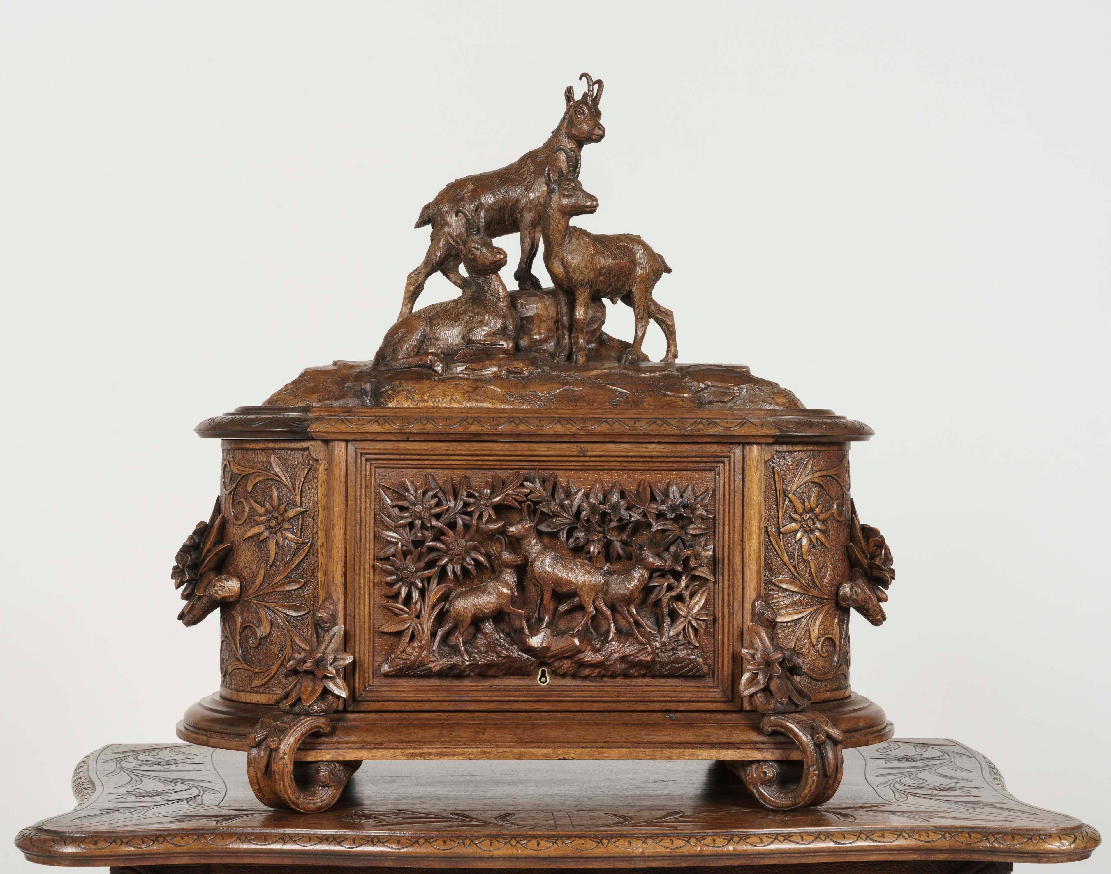 Swiss 19th Century Carved 'Black Forest' Drinks Cabinet on Stand For Sale
