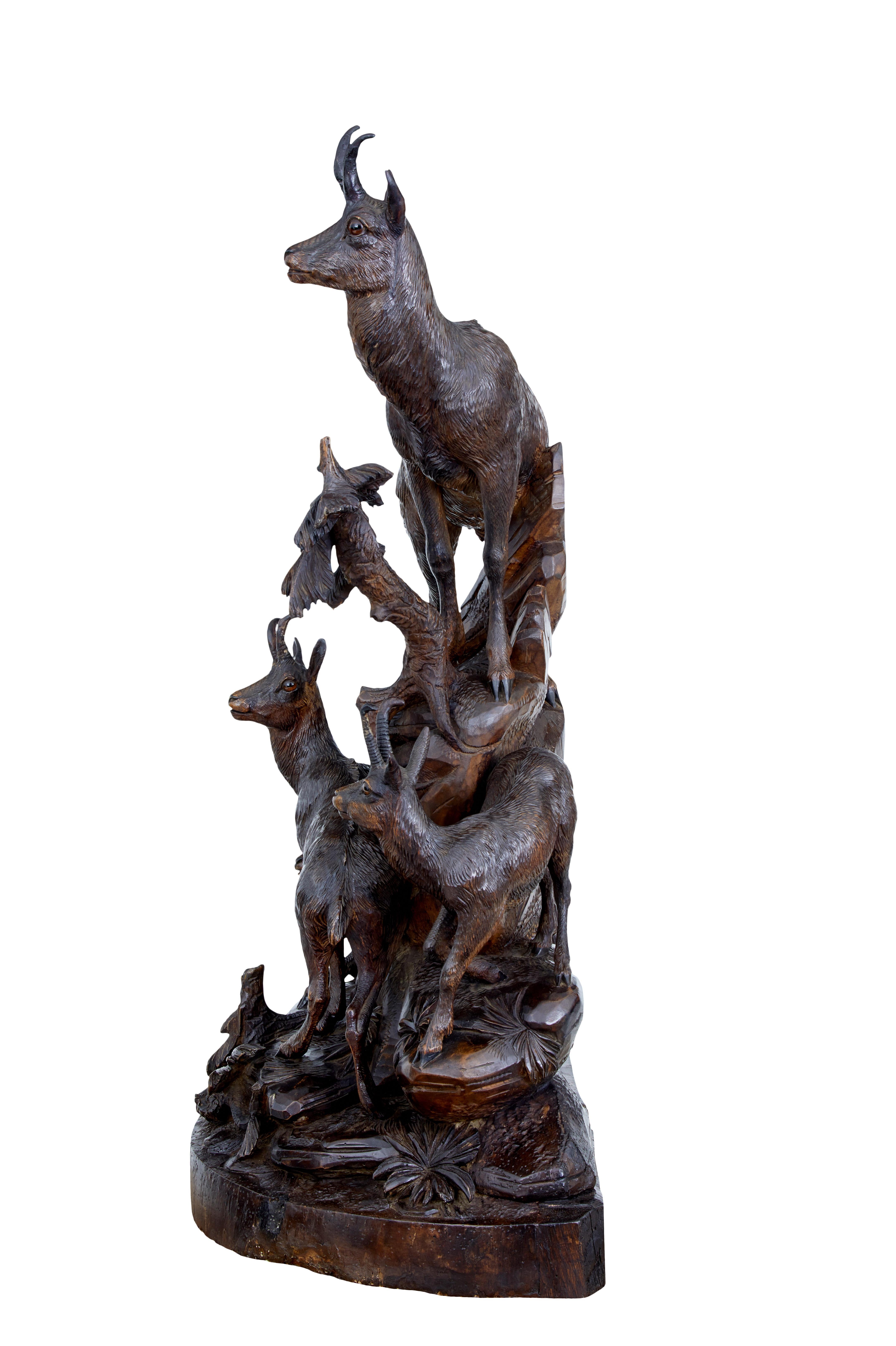 Hand-Carved 19th Century Carved Black Forest Ibex Sculpture Linden Wood
