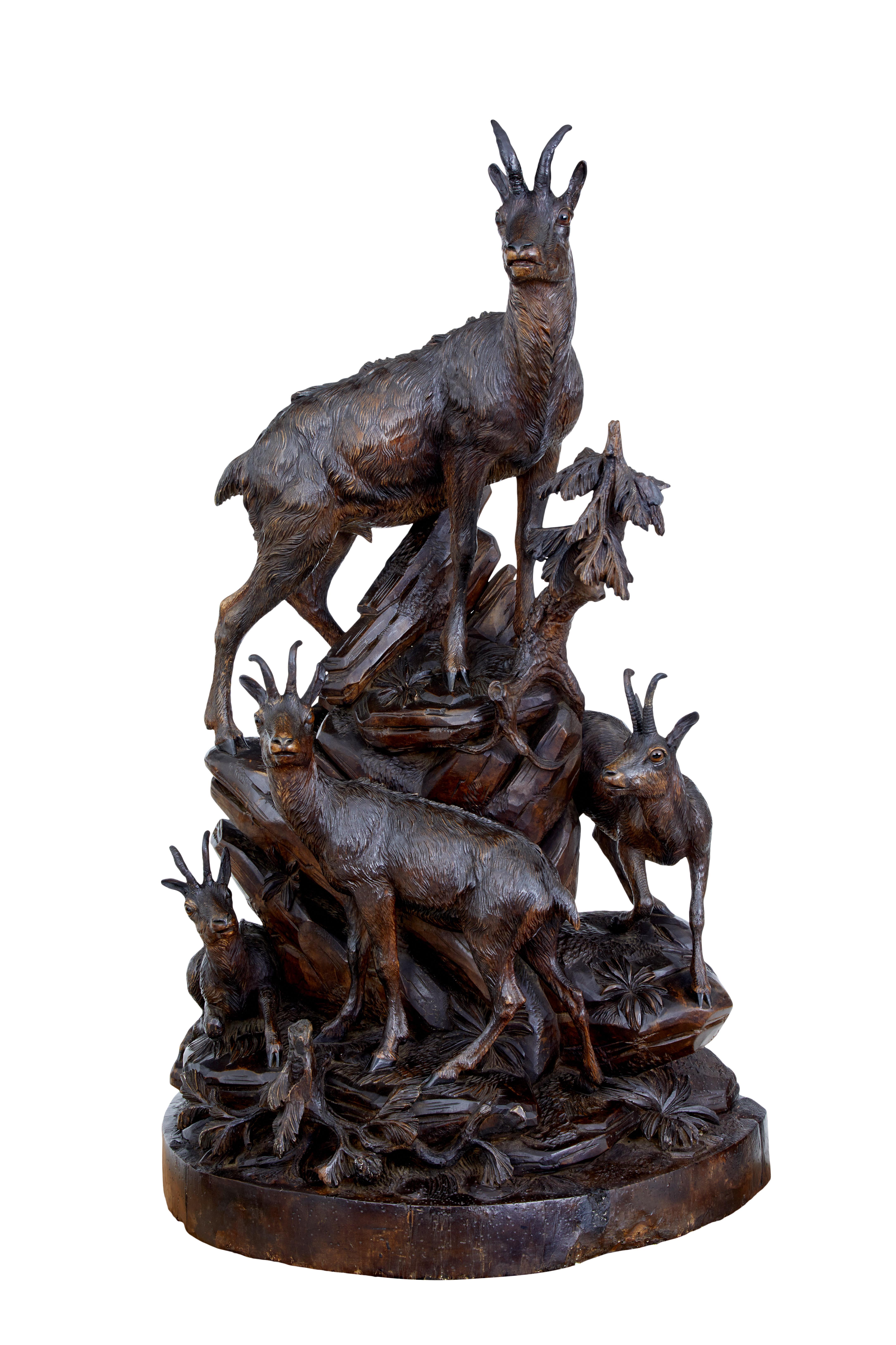 Oak 19th Century Carved Black Forest Ibex Sculpture Linden Wood
