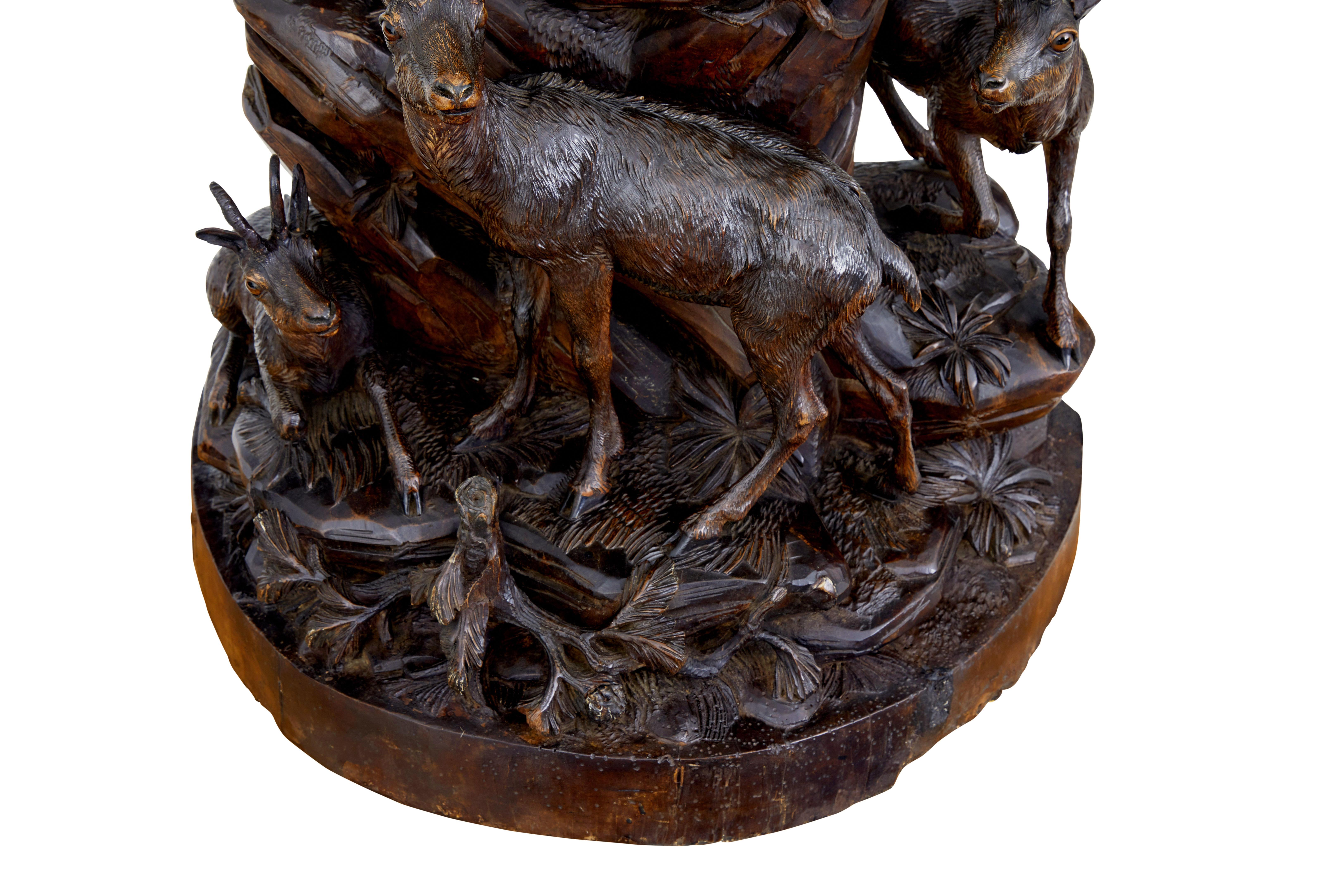 Oak 19th century carved black forest ibex sculpture linden wood For Sale