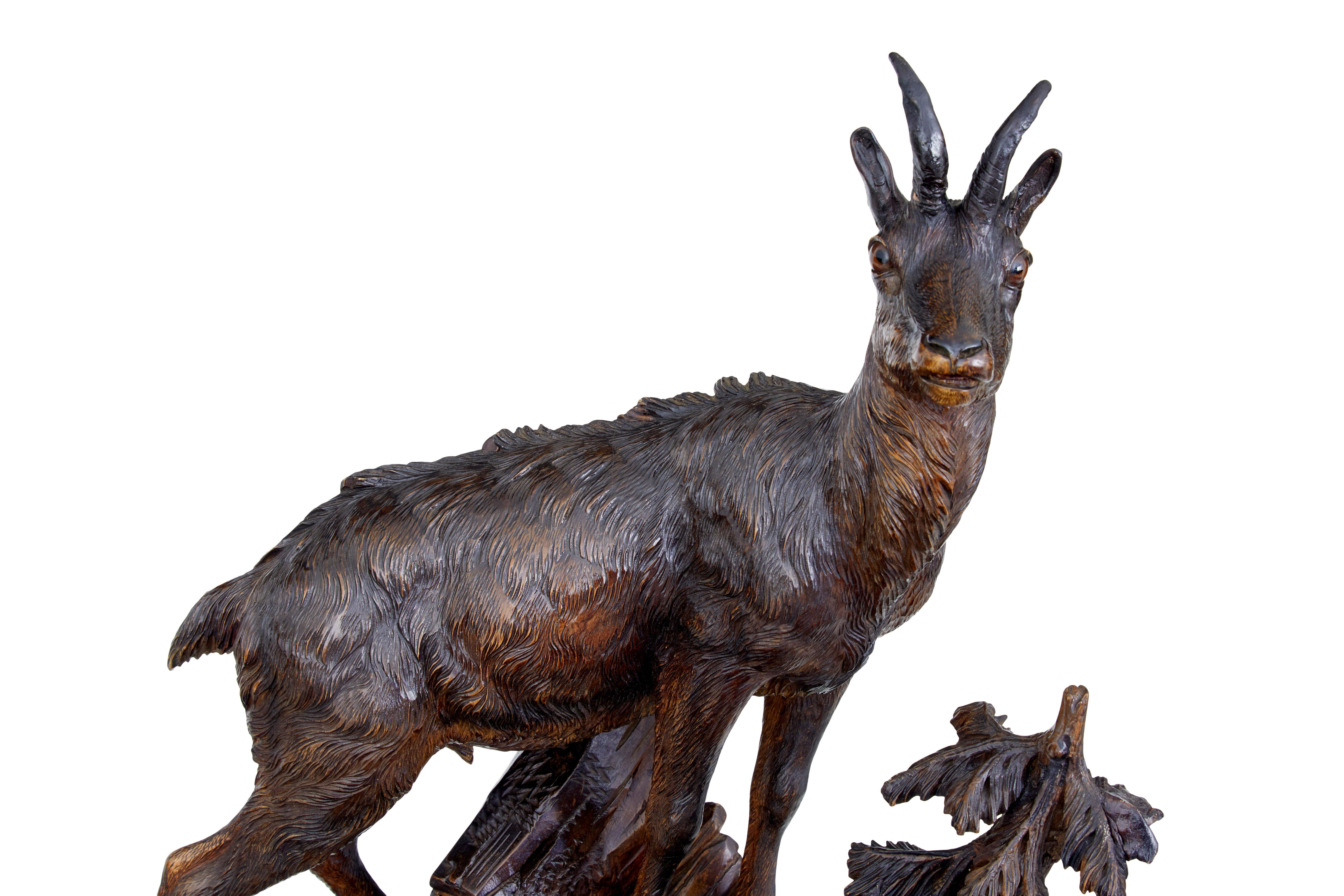 19th century carved black forest ibex sculpture linden wood For Sale 1
