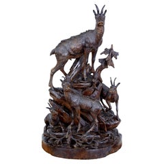 19th Century Carved Black Forest Ibex Sculpture Linden Wood