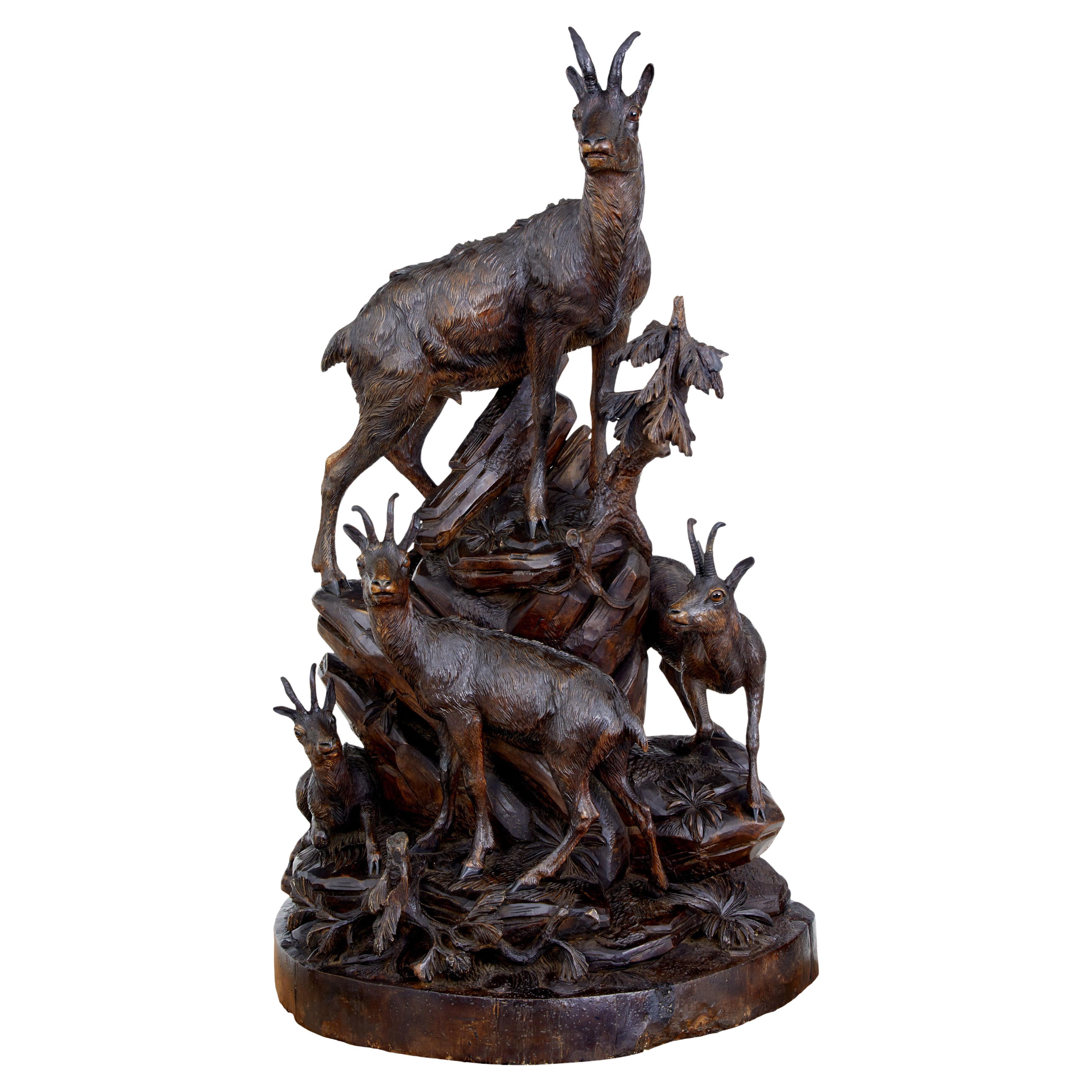 19th century carved black forest ibex sculpture linden wood For Sale