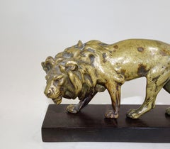 19th Century Carved Bronze Statue of Lion on Wooden Base