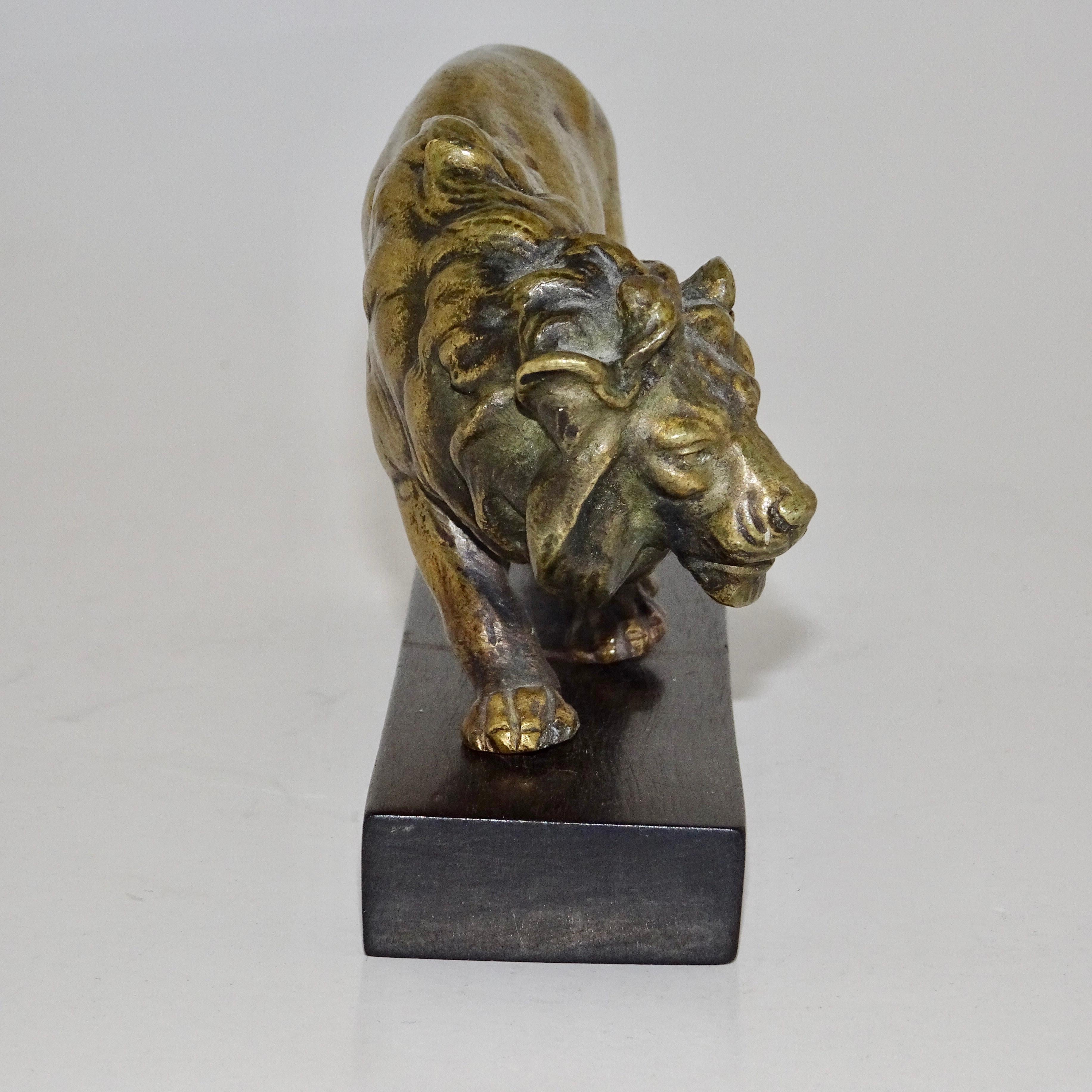 19th Century Carved Bronze Statue of Lion on Wooden Base For Sale 1