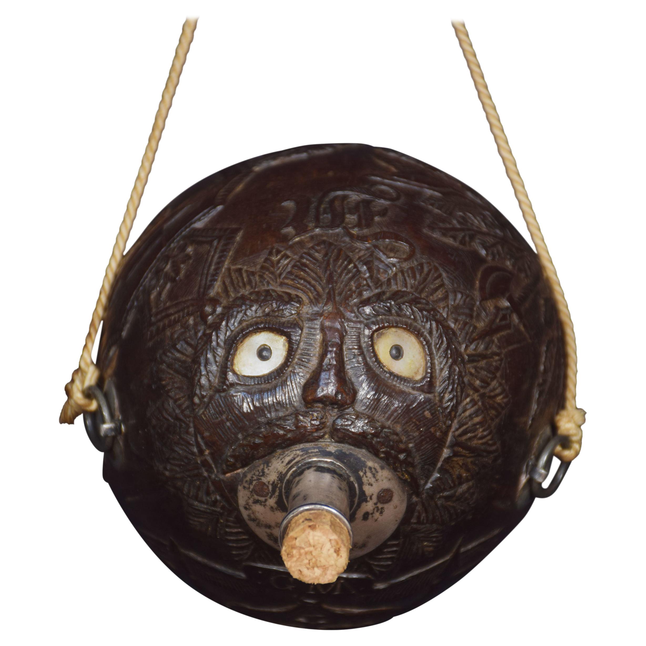 19th Century Carved Bug Bear Coconut Flask For Sale