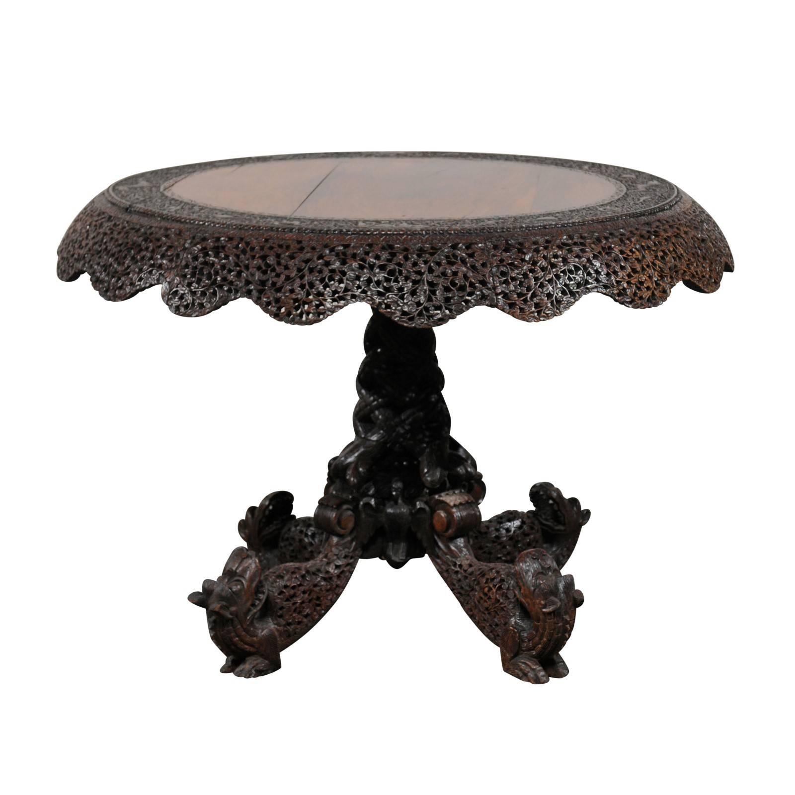 19th Century Carved Burmese Pedestal Centre Table For Sale