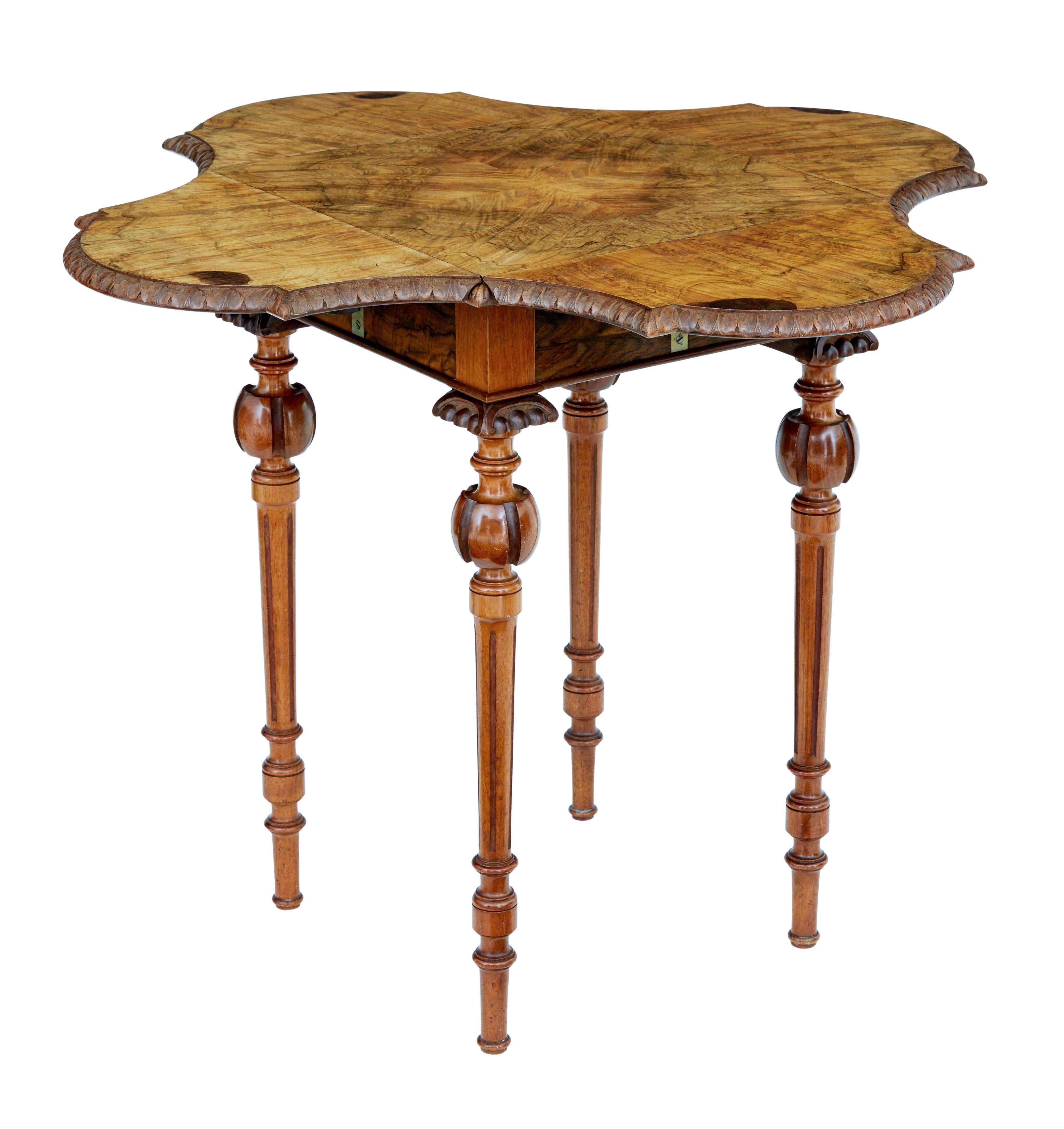 Beautiful quality carved walnut occasional table, circa 1870.

Stamped by Swedish maker Johan Ottergren Stockholm Jakobs Bergsgaten on the underside.

Burr walnut top with matched veneers, drop down leaves pull out / pull-out and fix in place to