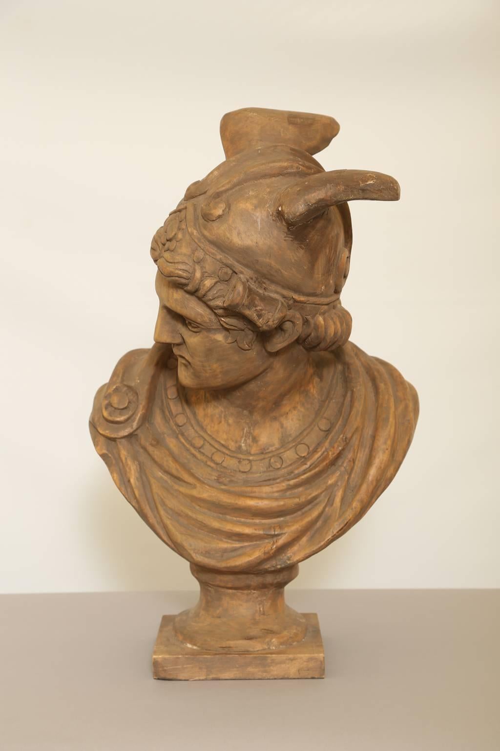Bust, of wood, having a natural finish, hand-carved bust of Mercury. 

Stock ID: D1453.