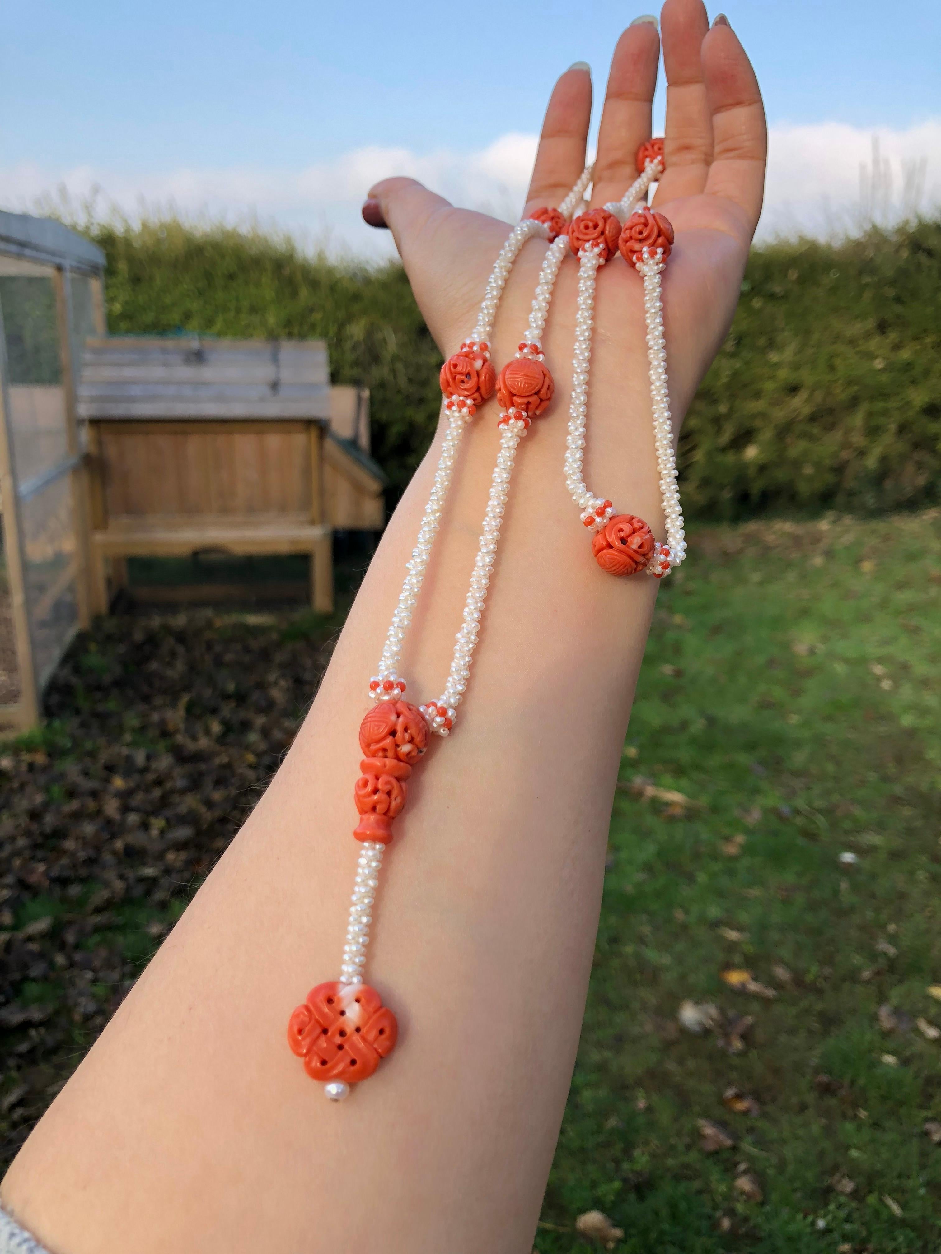 19th Century Carved Chinese Coral Dragon Beads on a Seed Pearl Necklace 6