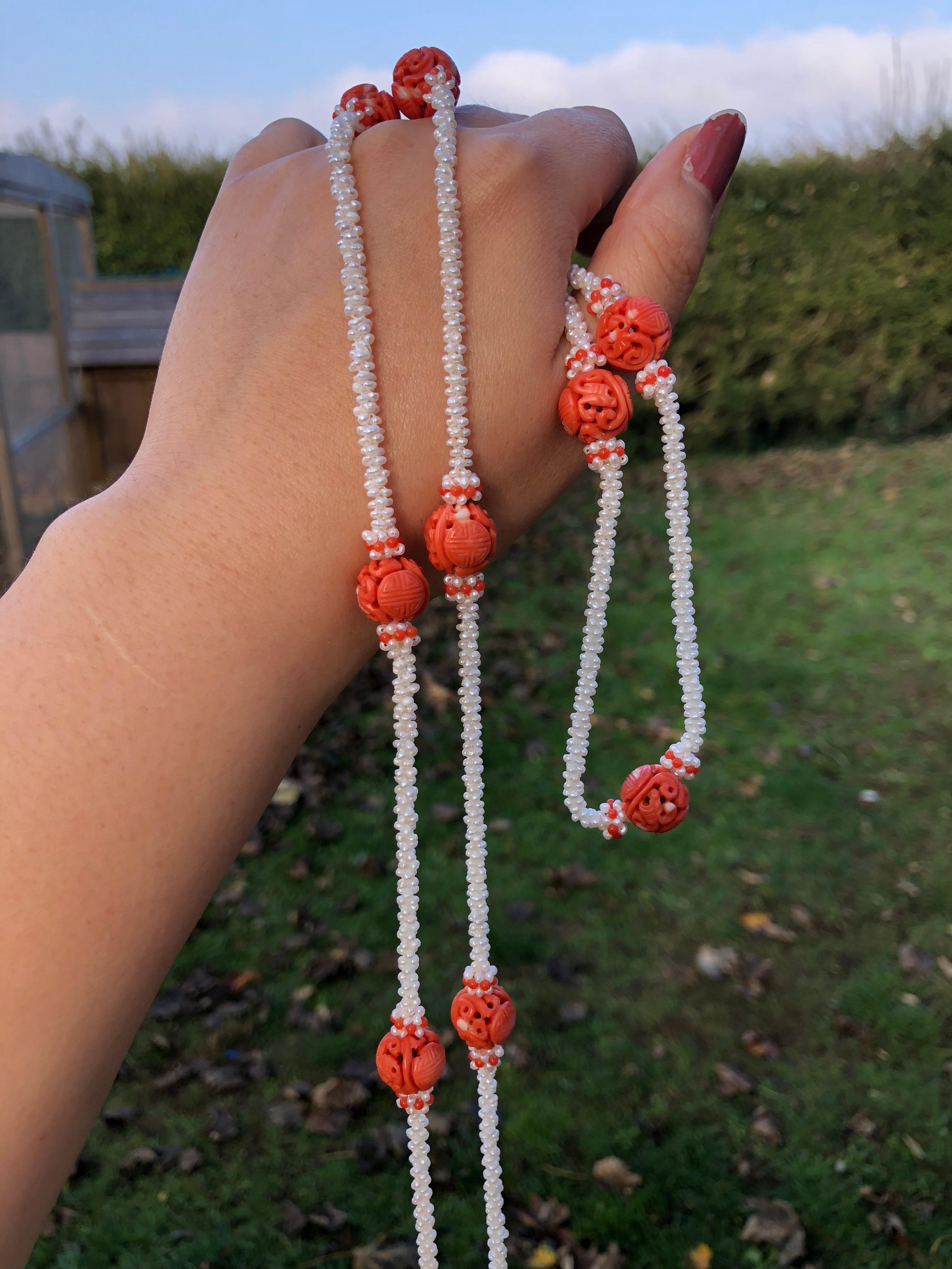 19th Century Carved Chinese Coral Dragon Beads on a Seed Pearl Necklace 7