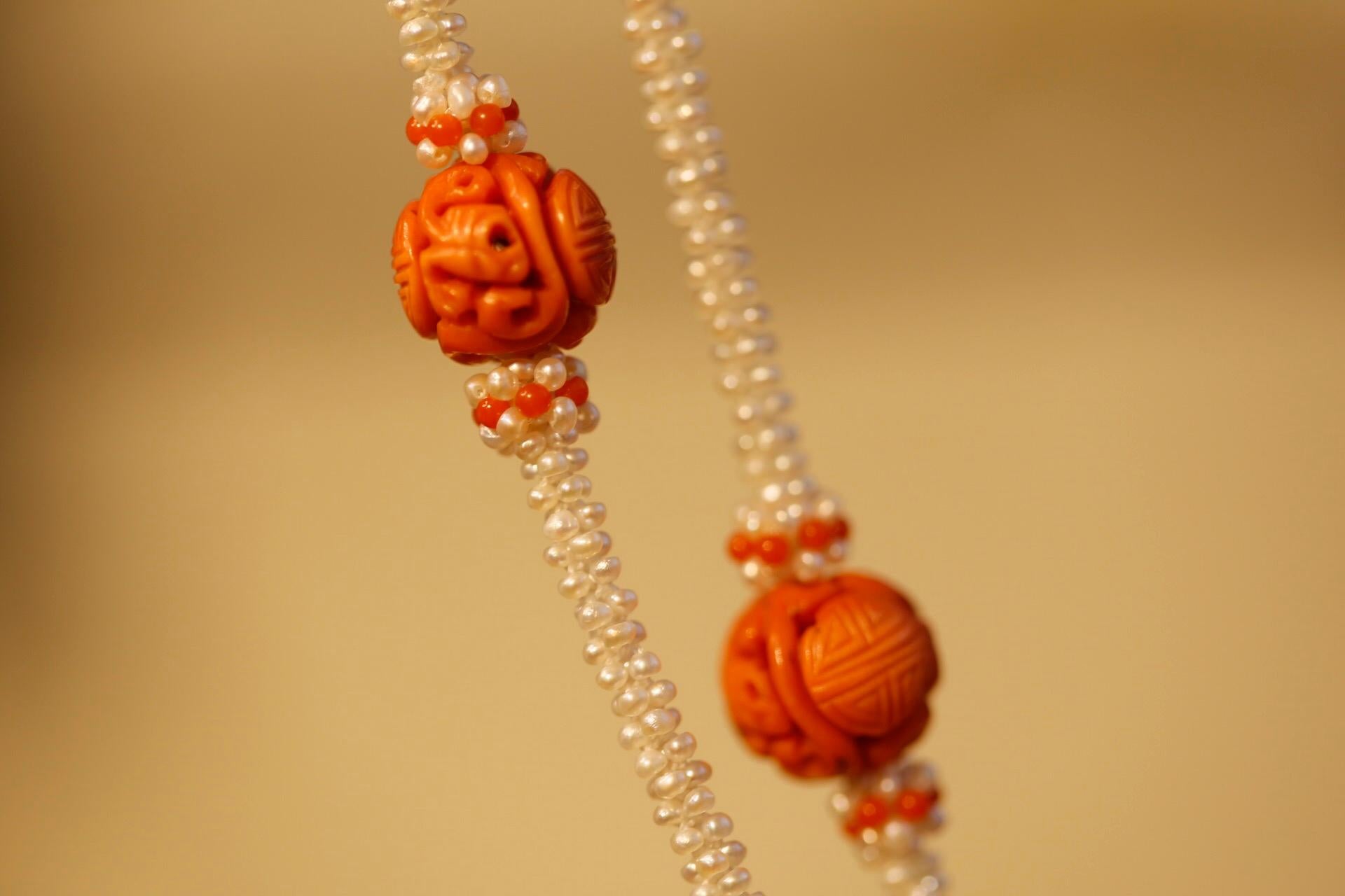 19th Century Carved Chinese Coral Dragon Beads on a Seed Pearl Necklace 2