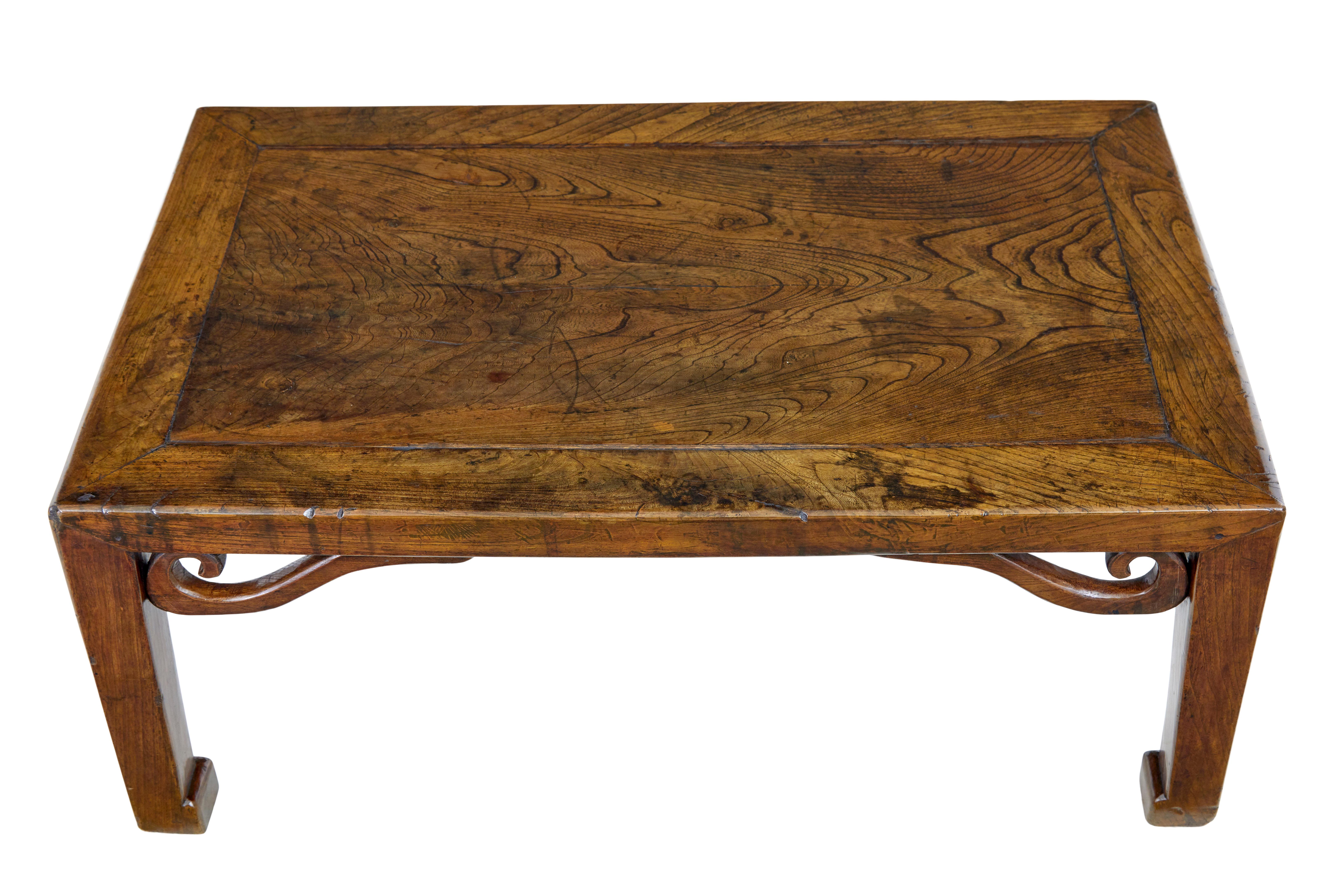 Qing 19th century carved Chinese elm low table For Sale