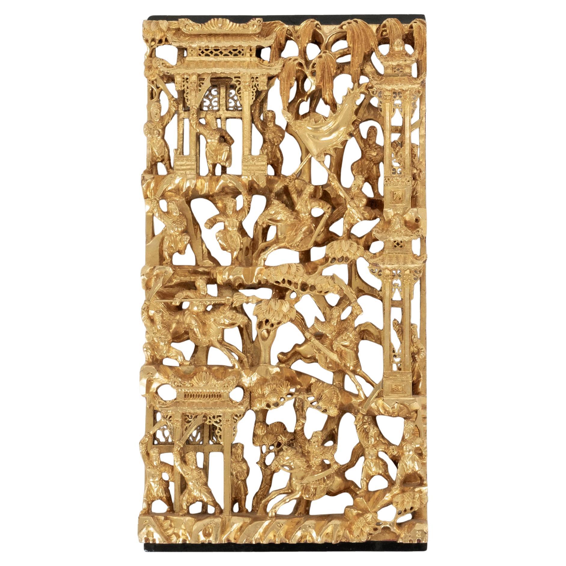 Panel de madera dorada china tallada del siglo XIX II