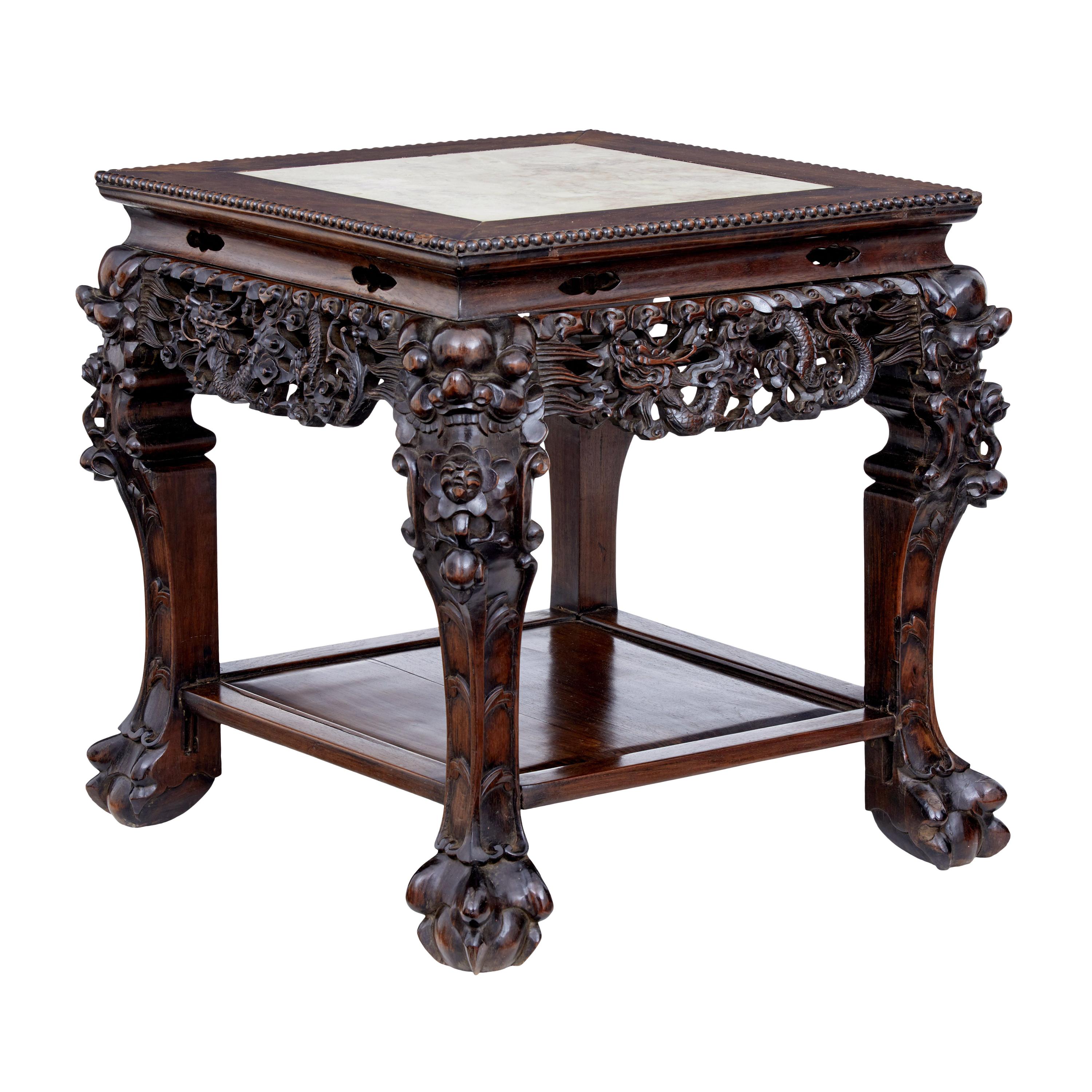 19th Century Carved Chinese Hardwood and MarbleTop Table at 1stDibs
