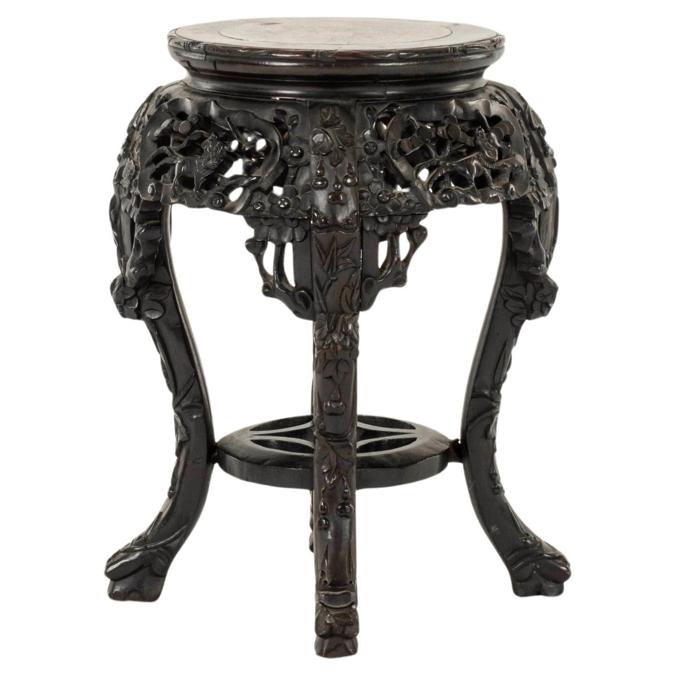 19th Century Carved Chinese Rosewood Marble Top Side Table For Sale