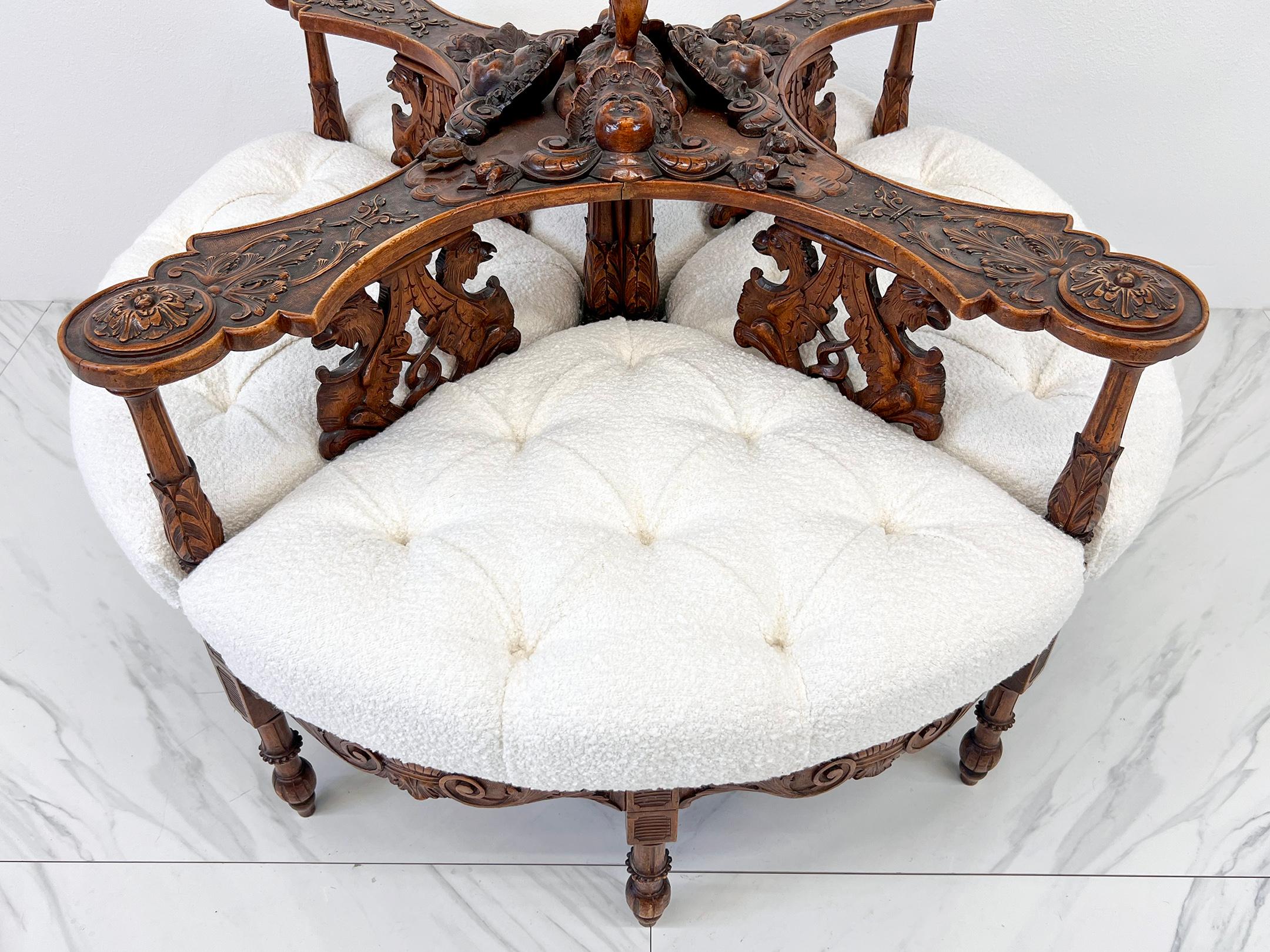 Hand-Carved 19th Century Carved Conversation Borne Settee Tête-à-tête For Sale