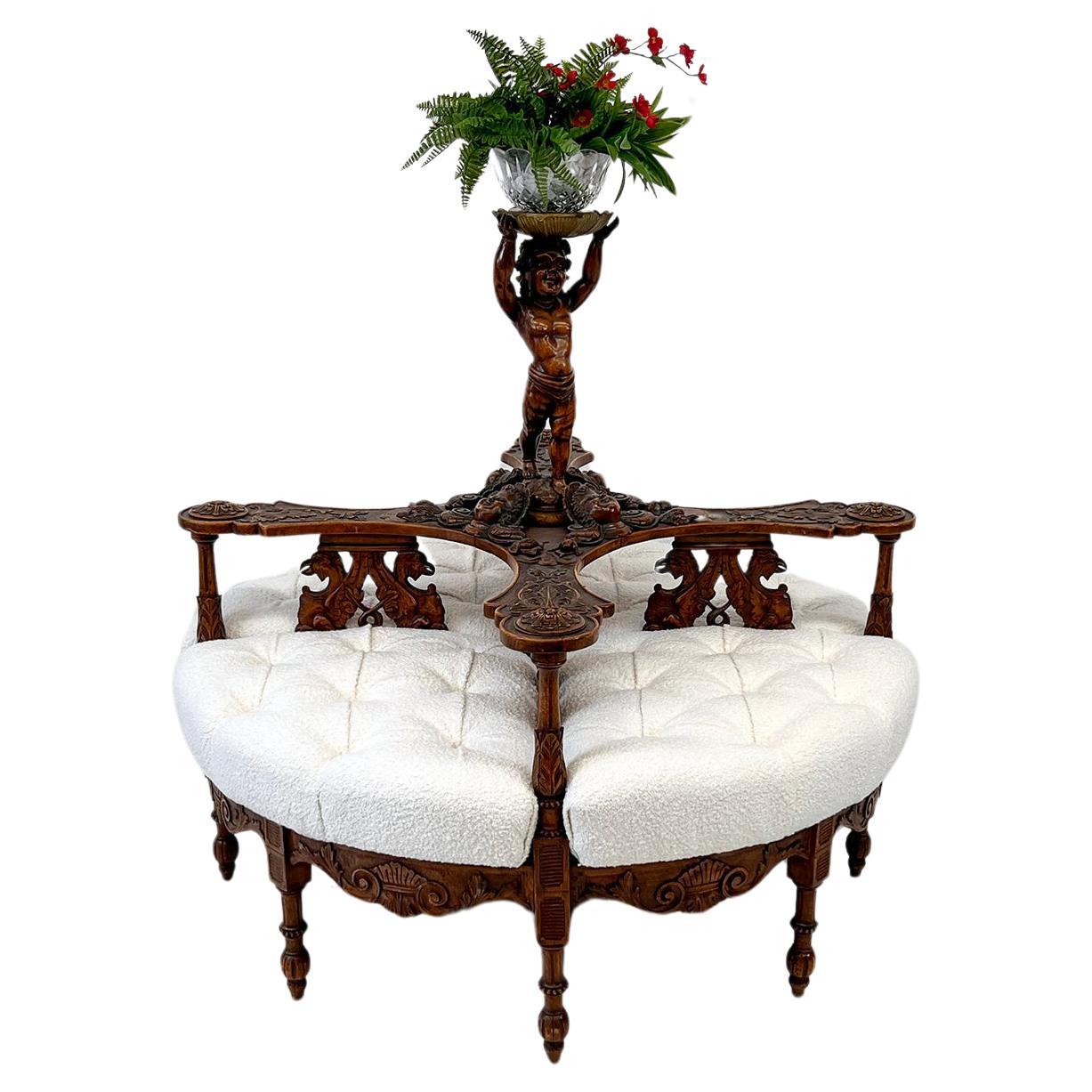 19th Century Carved Conversation Borne Settee Tête-à-tête For Sale