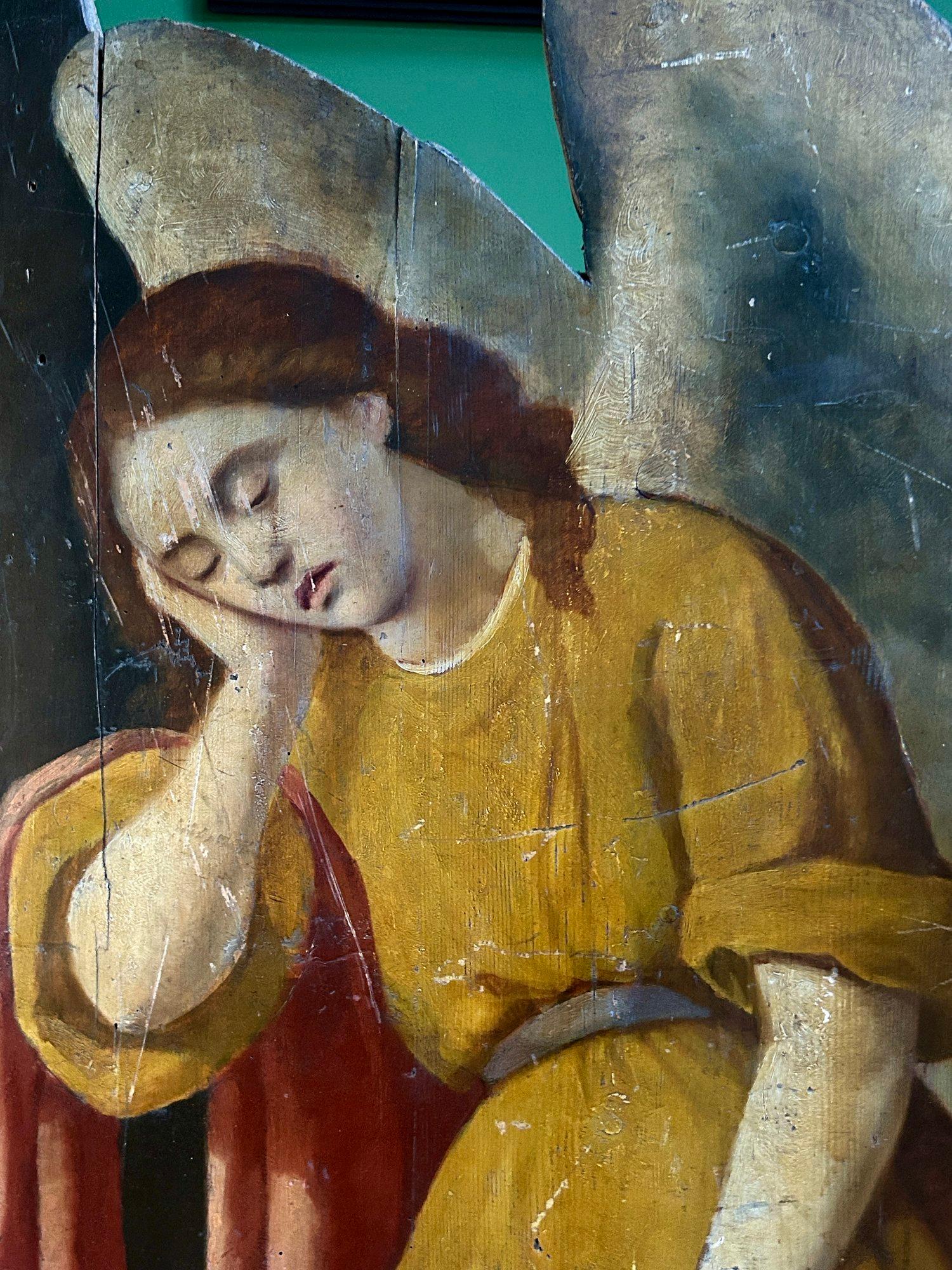 19th Century Carved Dummy Board Oil Painting of an Angel & Crown of Thorns For Sale 4